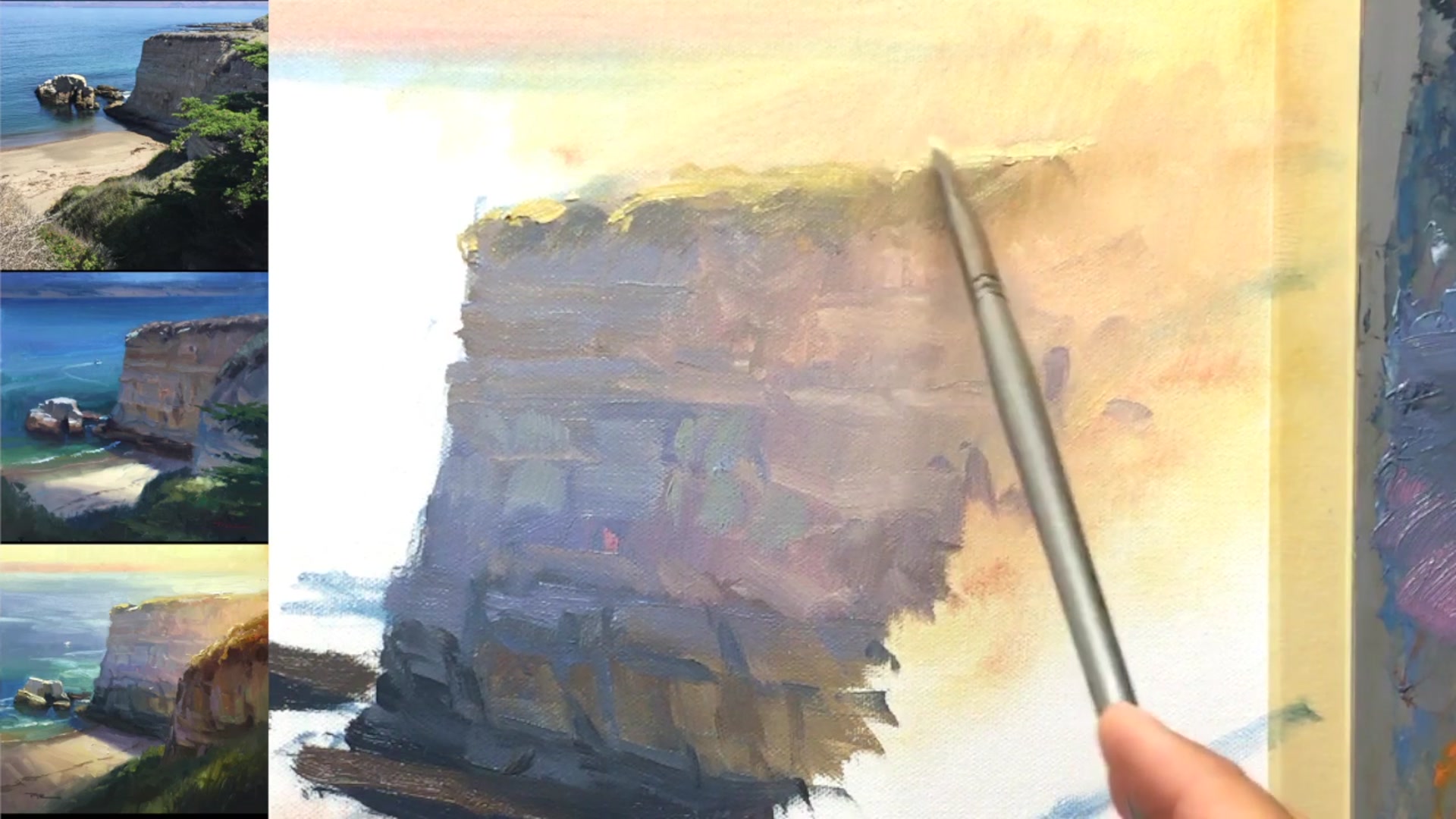 Step 12 — Painting the large rock and highlights (video frame from the lesson)