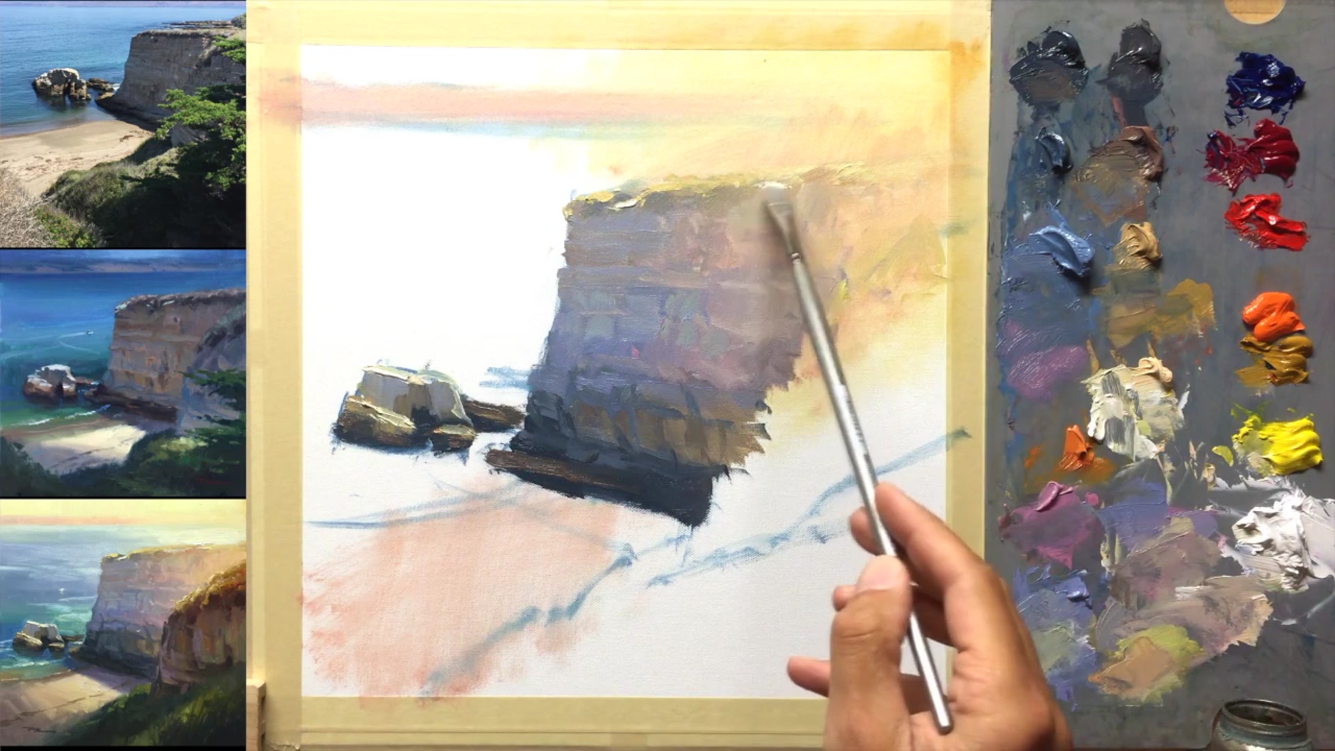 Step 13 — Foreground cliff painting (video frame from the lesson)