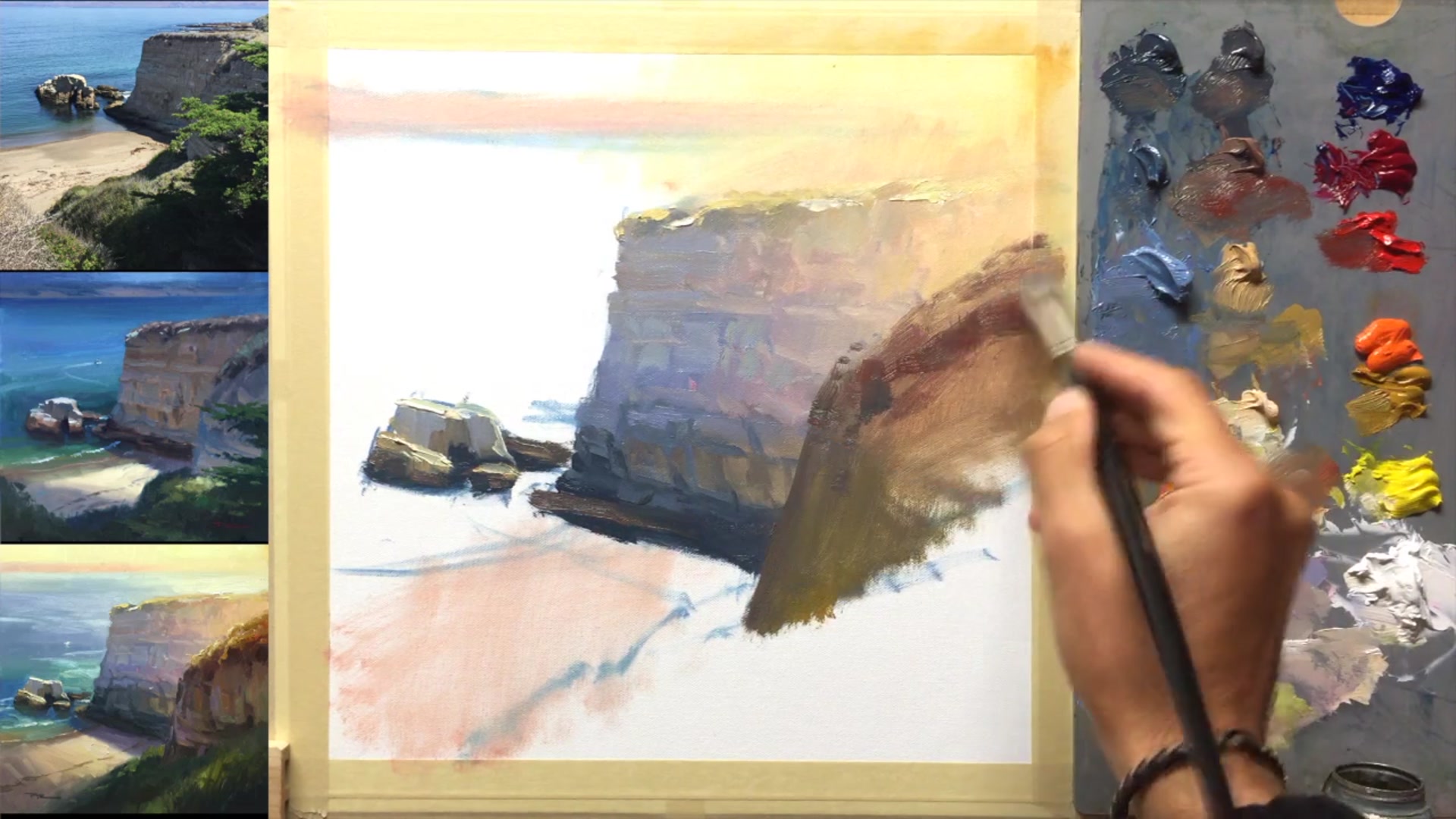 Step 14 — Contouring and detailing the foreground cliff (video frame from the lesson)