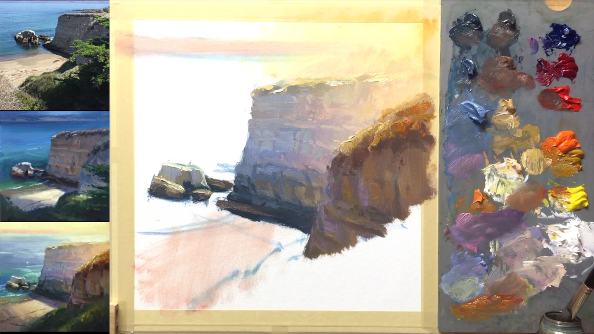 Step 15 — Painting the beach and shadows (video frame from the lesson)