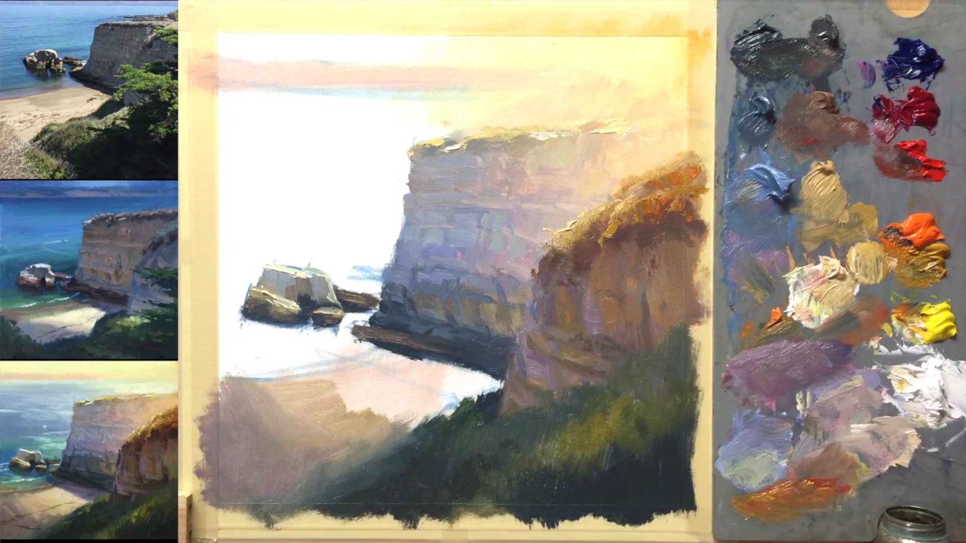 Step 16 — Painting the water and reflections (video frame from the lesson)