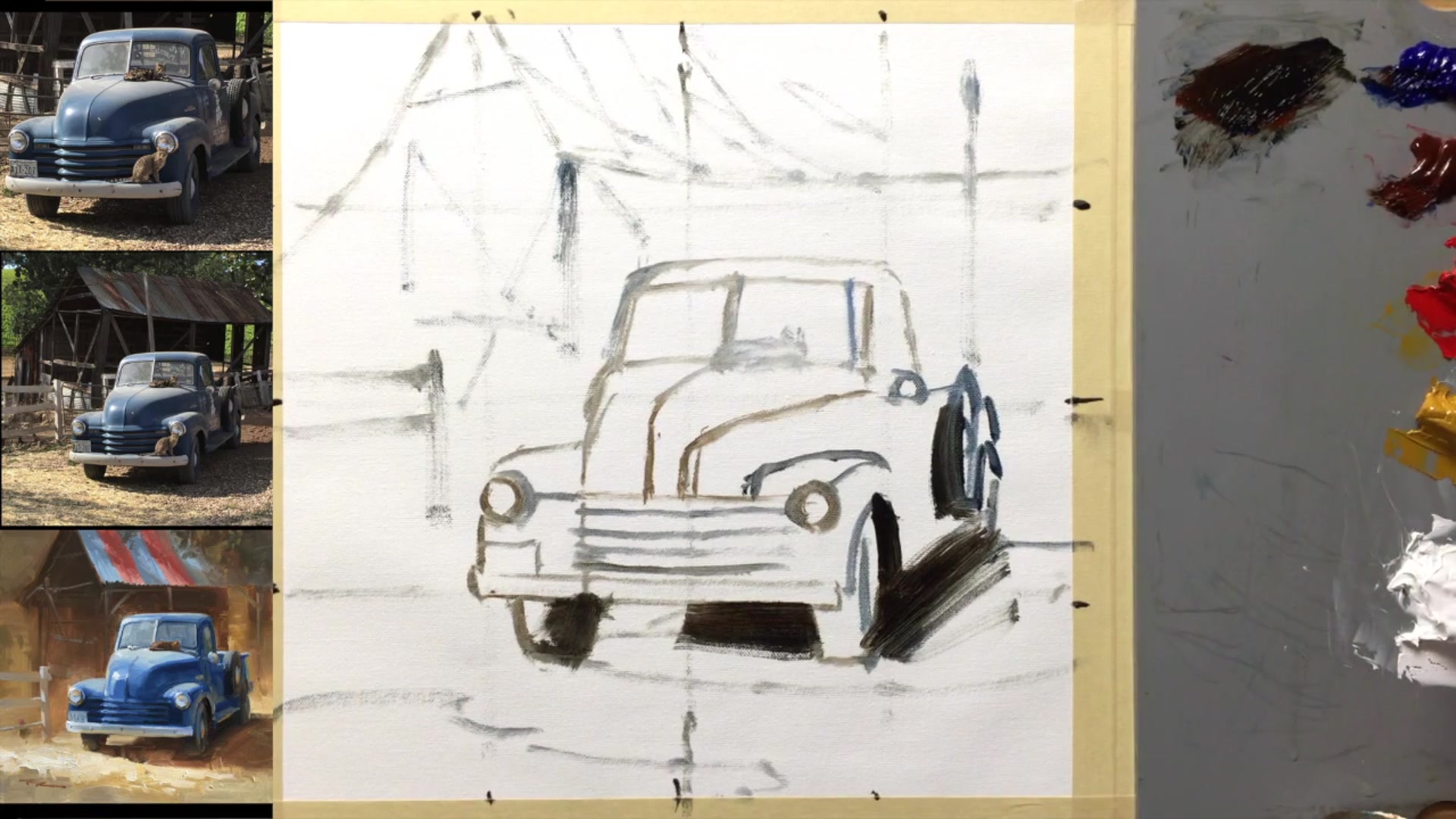 Step 4 — Blocking in Background Darks (video frame from the lesson)