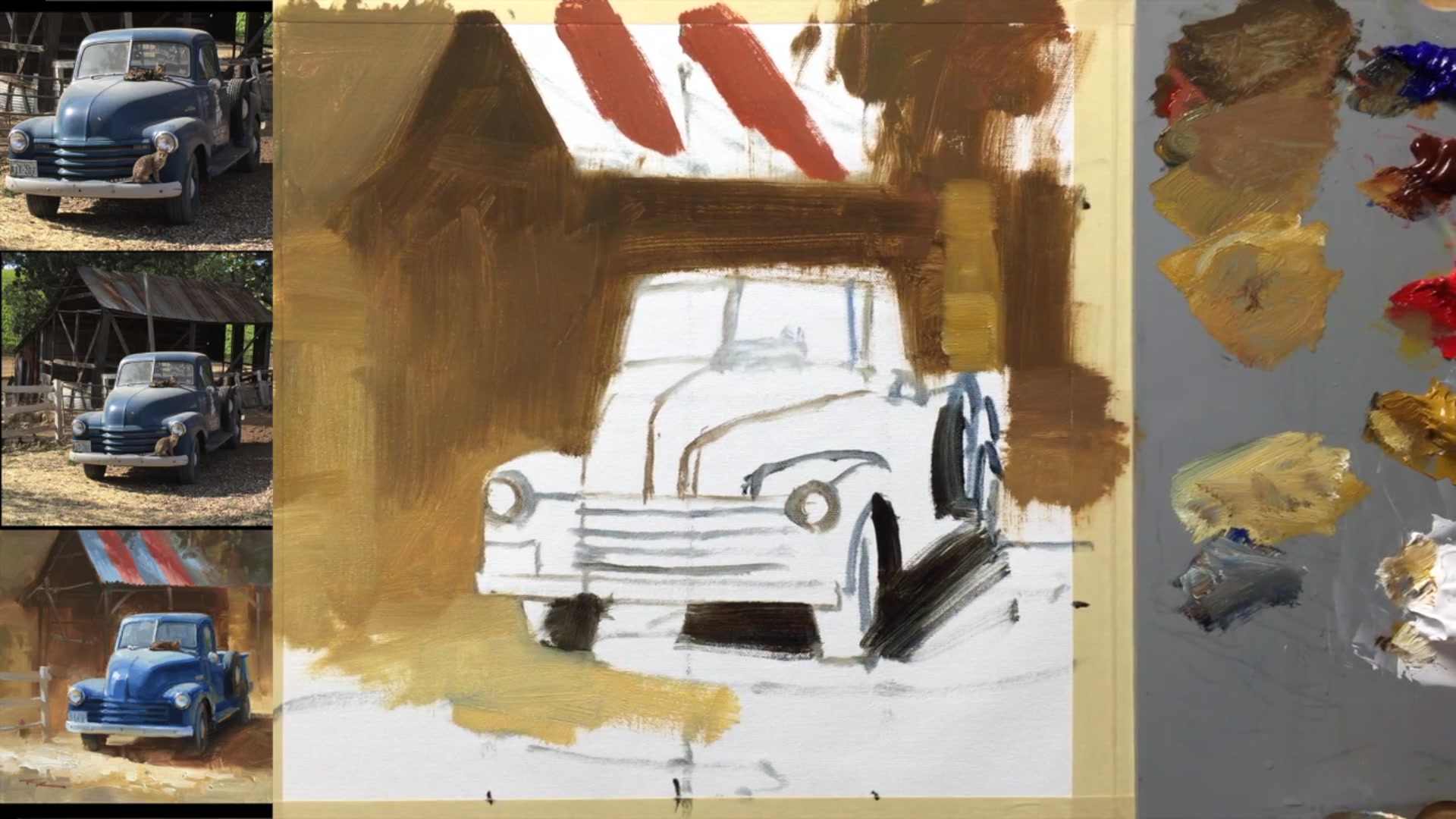 Step 11 — Painting the Roof and Light Spots (video frame from the lesson)