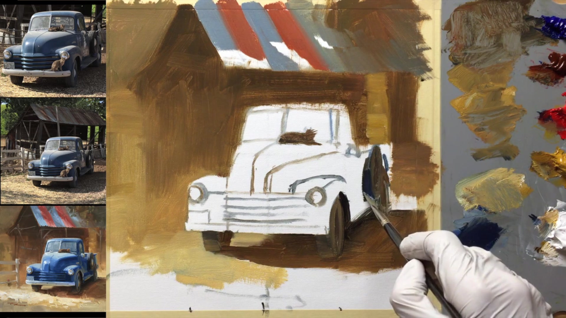Step 14 — Painting the Truck: Darks to Lights (video frame from the lesson)