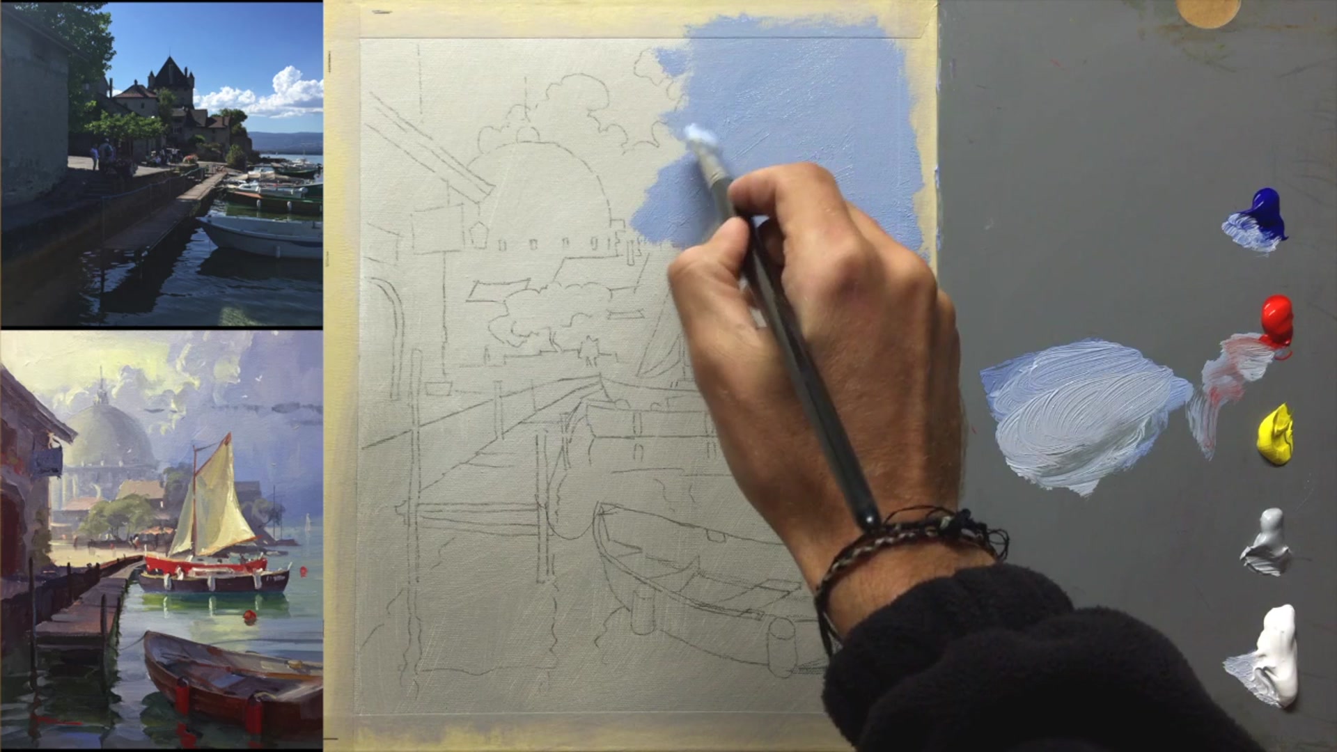 Step 9 — Painting the Sky (video frame from the lesson)