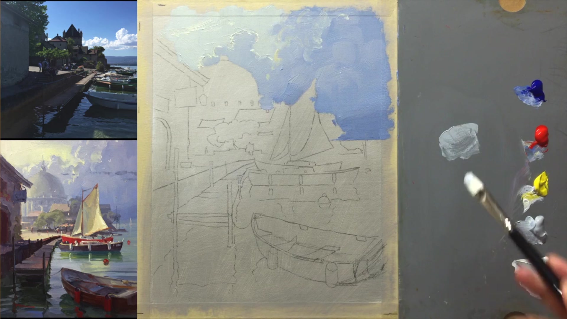 Step 10 — Painting the Background Buildings (video frame from the lesson)