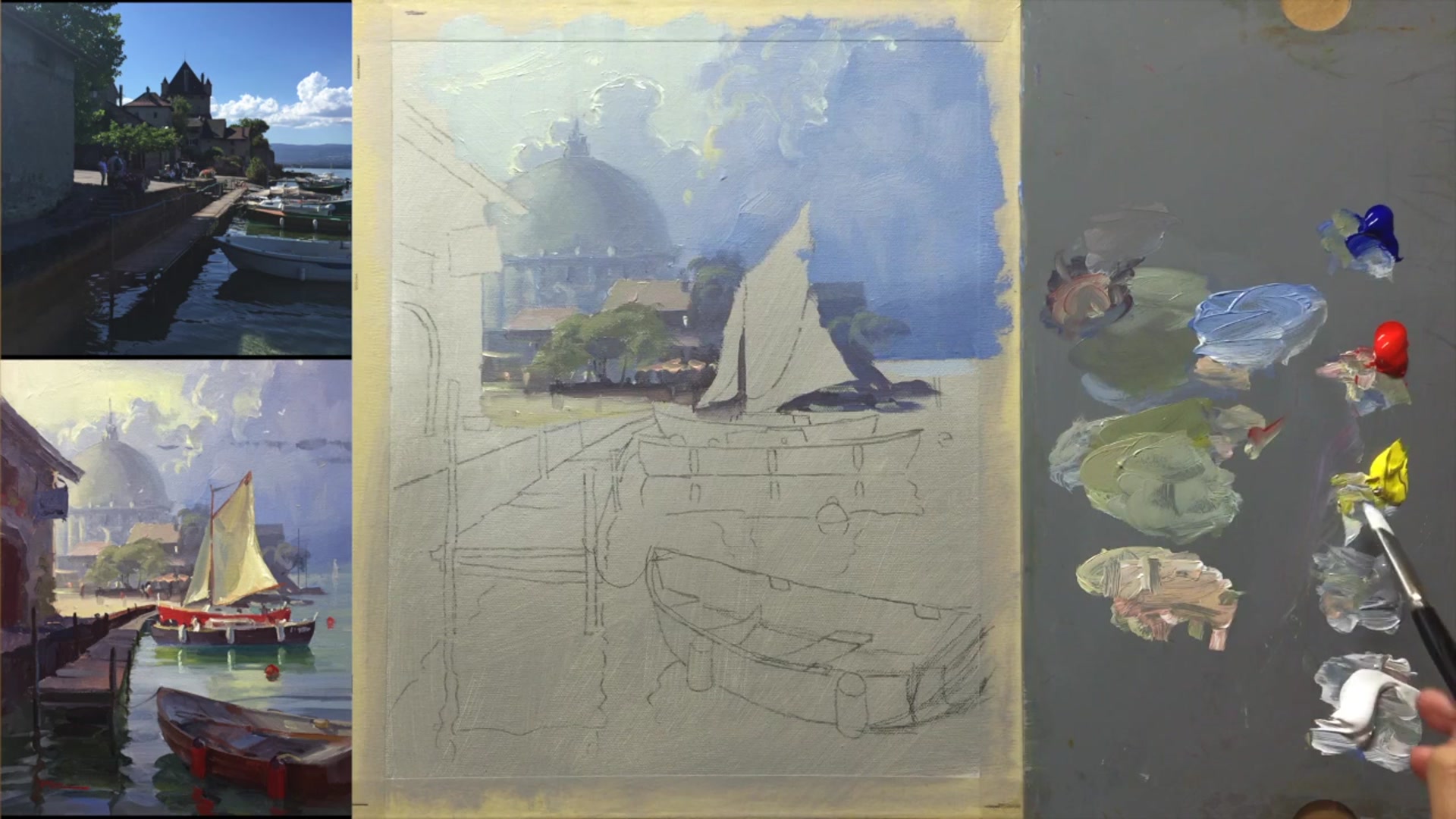 Step 11 — Painting the Water Background (video frame from the lesson)