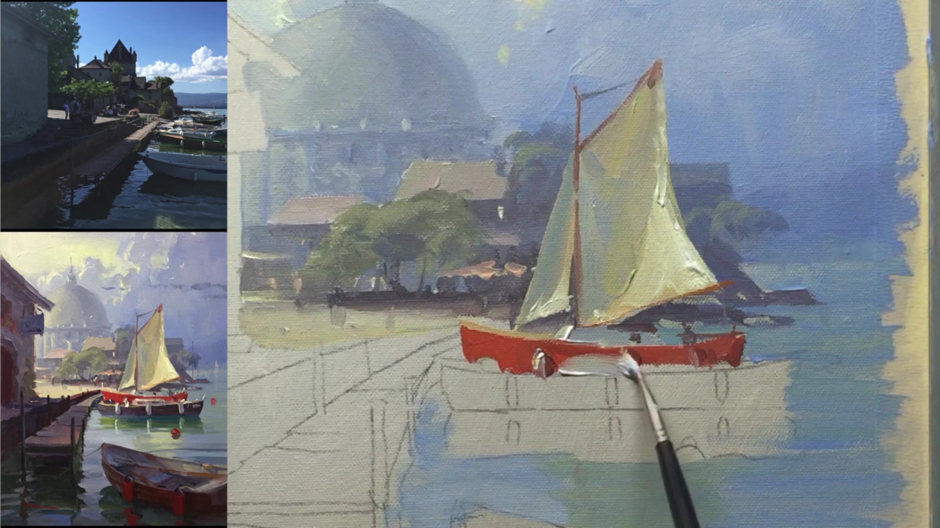 Step 14 — Foreground Boat and Reflections (video frame from the lesson)