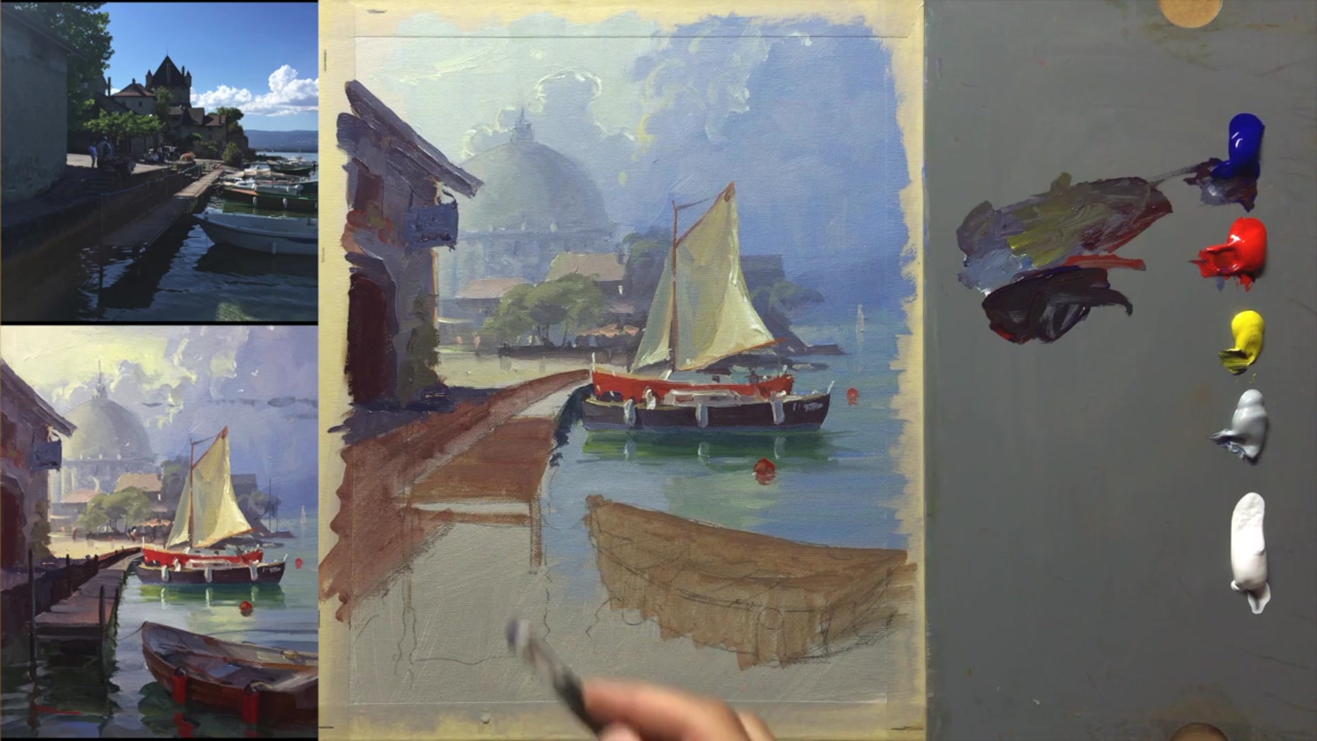 Step 16 — Foreground Seawall and Dock (video frame from the lesson)