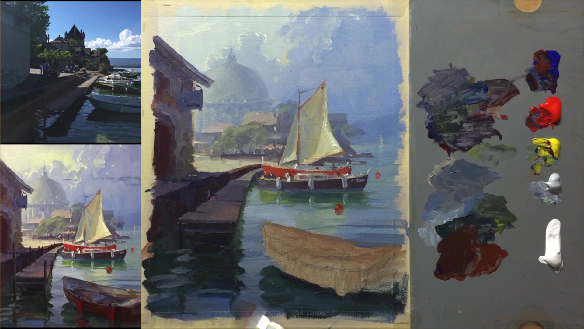 Step 17 — Foreground Dinghy and Details (video frame from the lesson)