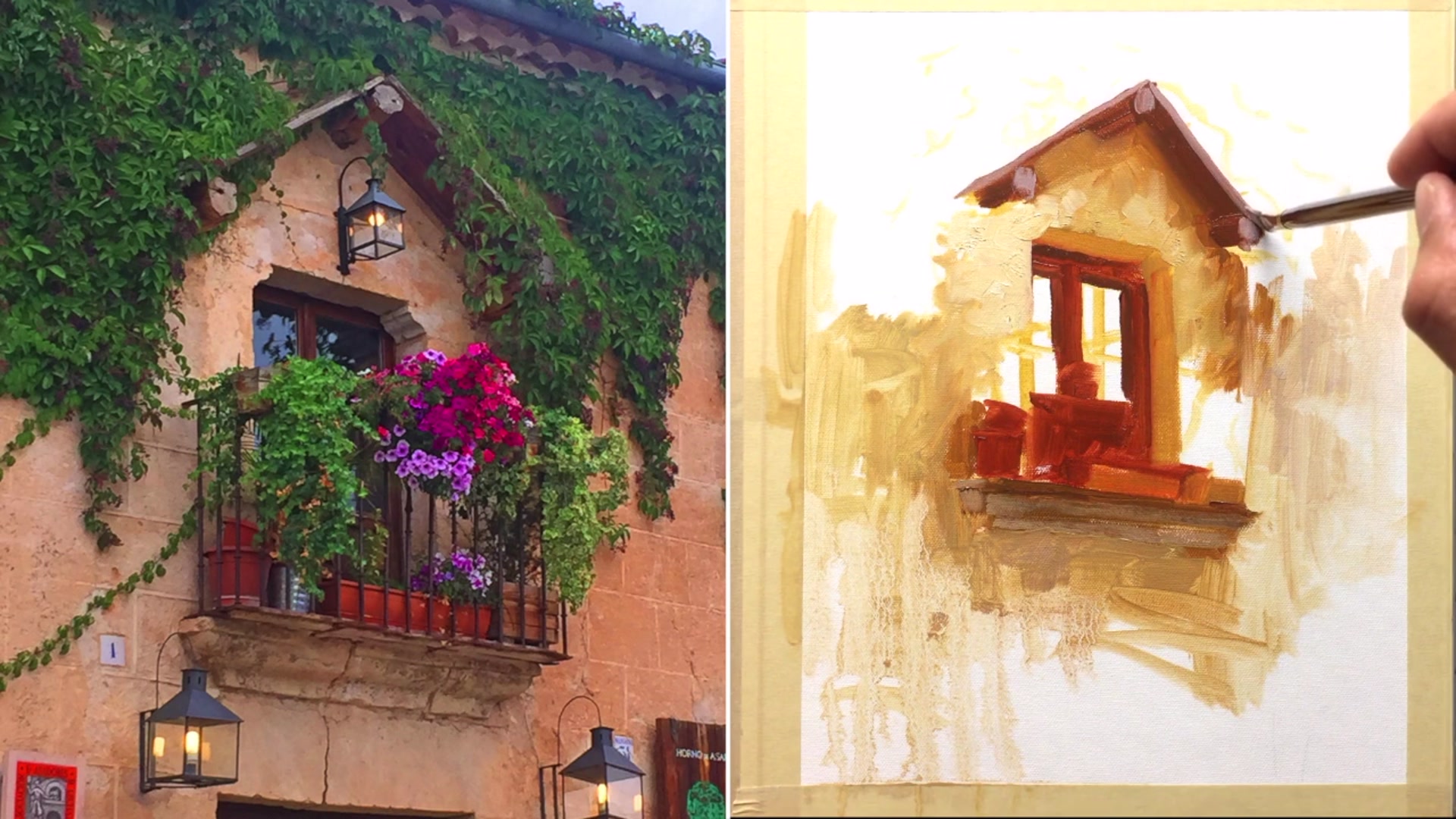 Step 11 — Painting foliage shadows (video frame from the lesson)