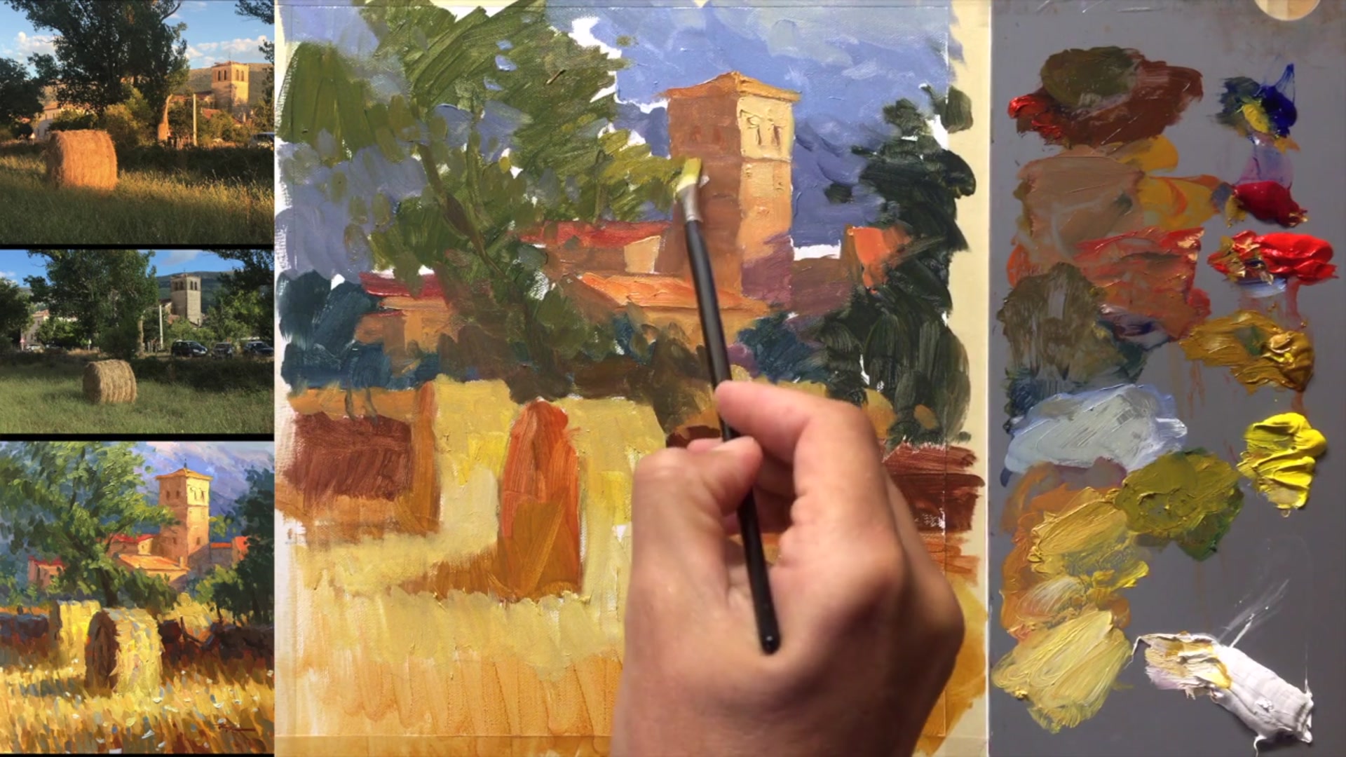 Step 18 — Background Trees and Tower Contrast (video frame from the lesson)