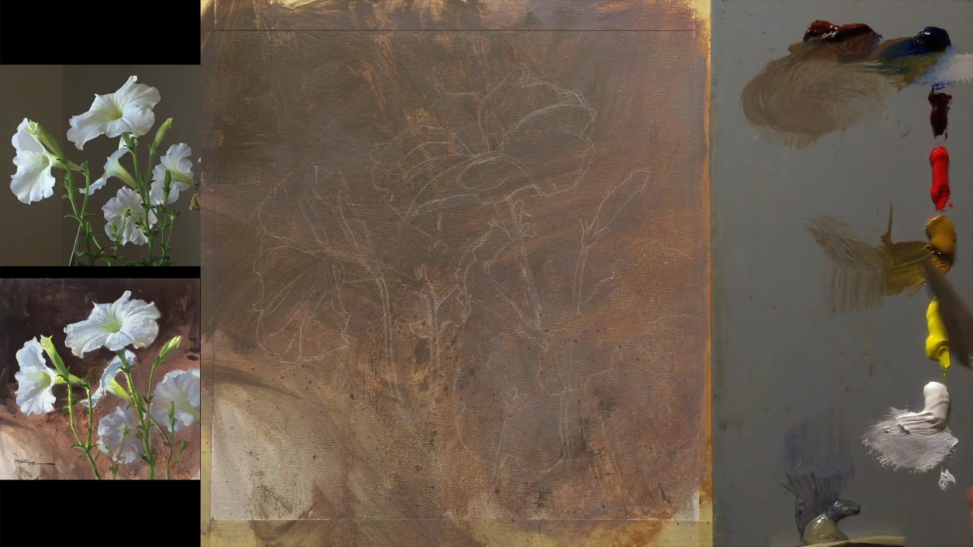 Step 6 — Mixing greys and greens (video frame from the lesson)