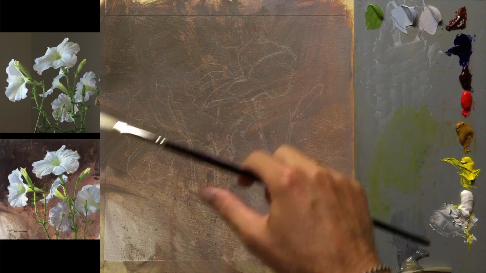Step 7 — Blocking in the petals (video frame from the lesson)