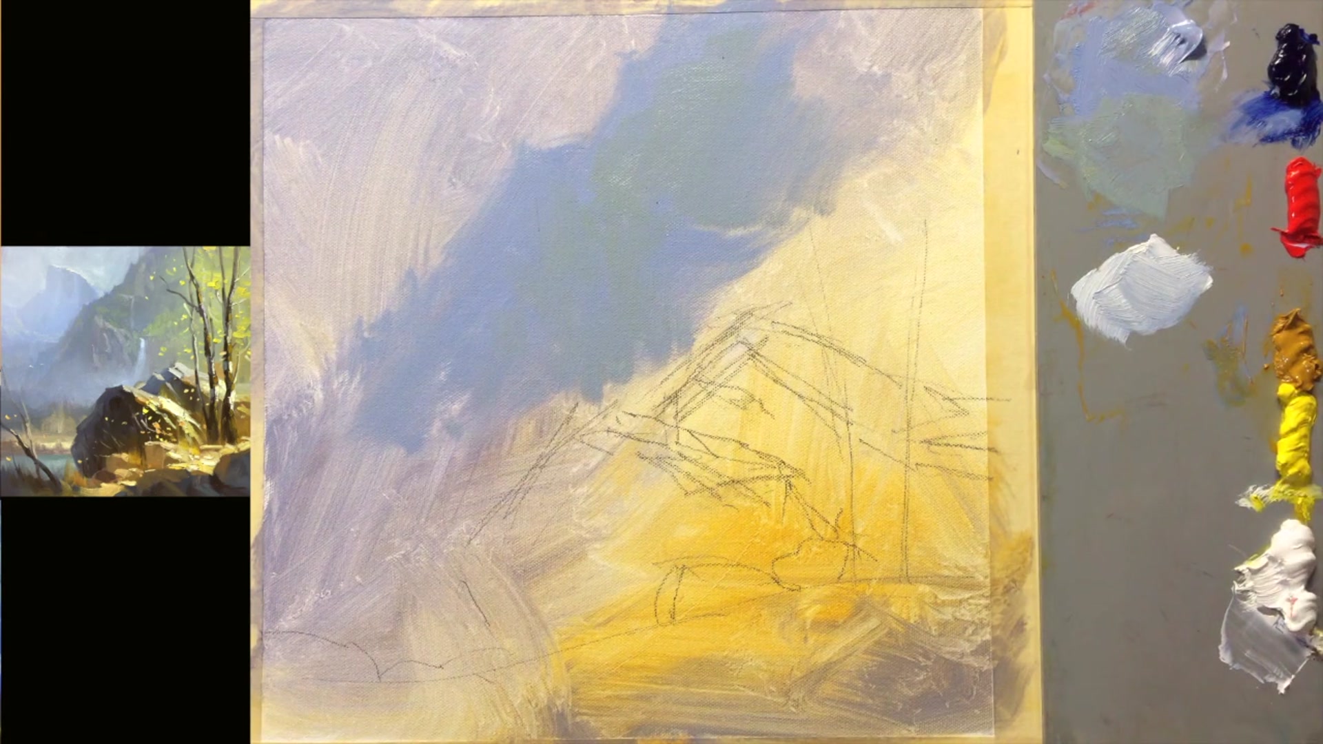 Step 8 — Foreground Rocks and Trees (video frame from the lesson)
