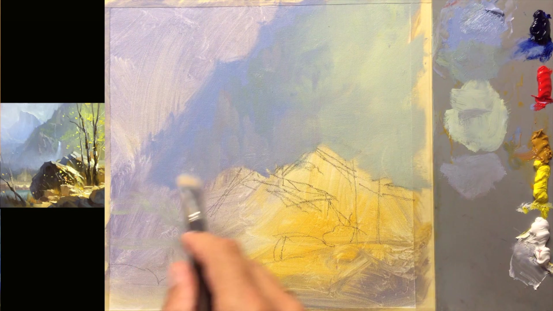 Step 9 — Detailing Background and Waterfall (video frame from the lesson)
