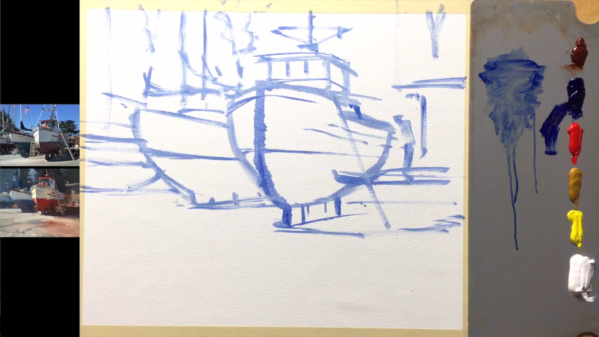 Step 2 — Painting darkest darks (video frame from the lesson)