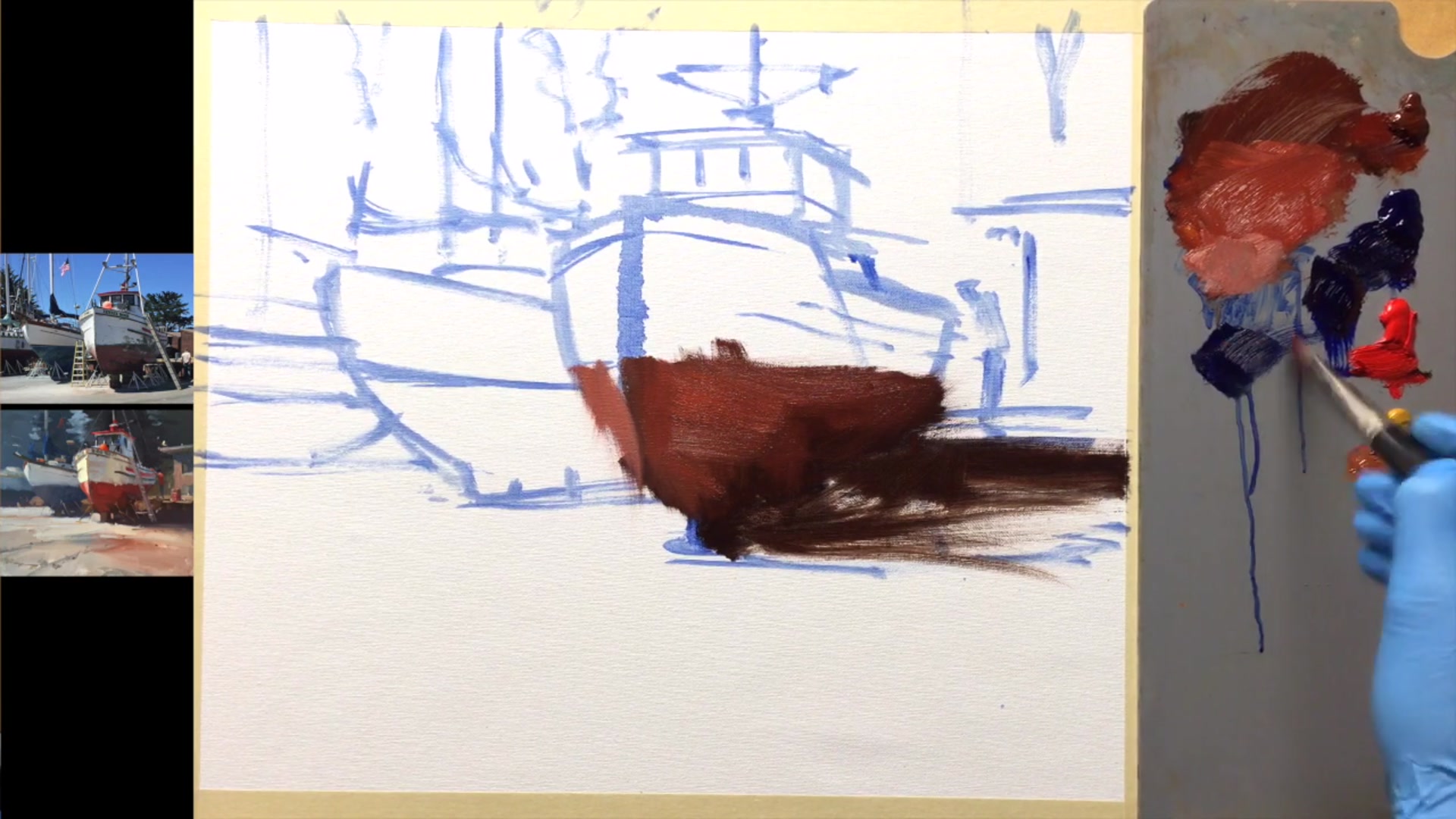 Step 3 — Painting shadows and reflections (video frame from the lesson)