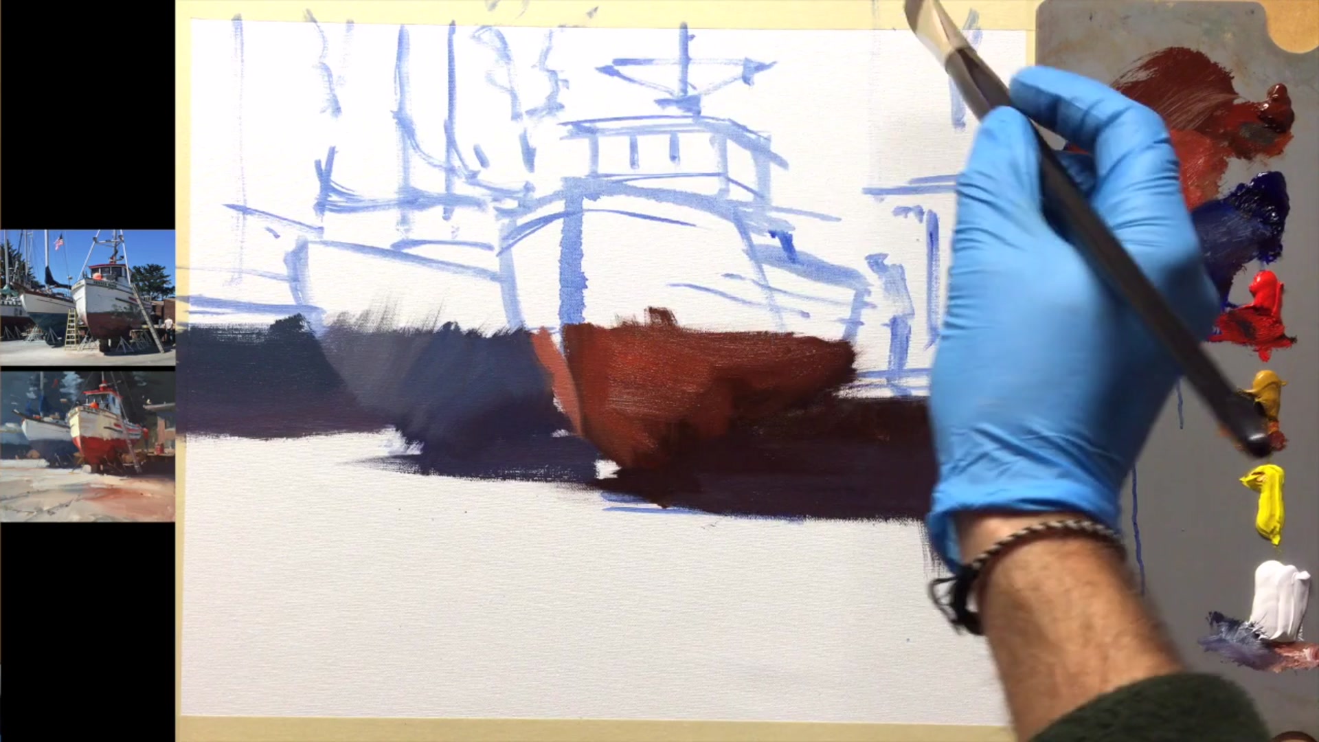 Step 4 — Painting background and trees (video frame from the lesson)