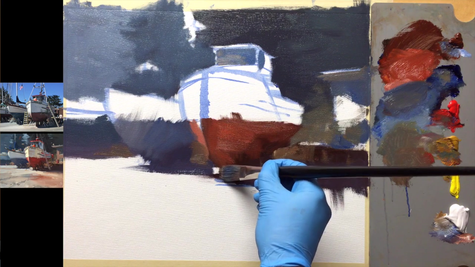 Step 5 — Color checking and mixing greys (video frame from the lesson)