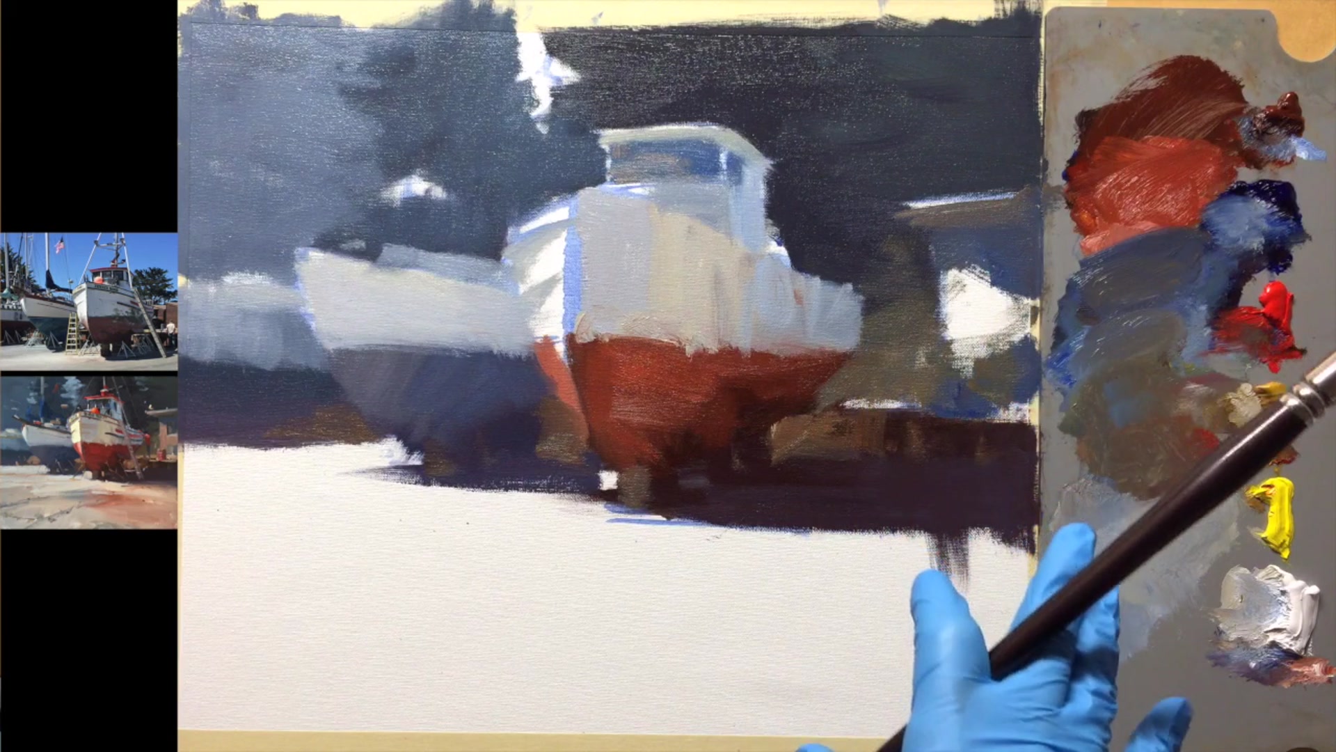 Step 7 — Painting light areas and foreground (video frame from the lesson)
