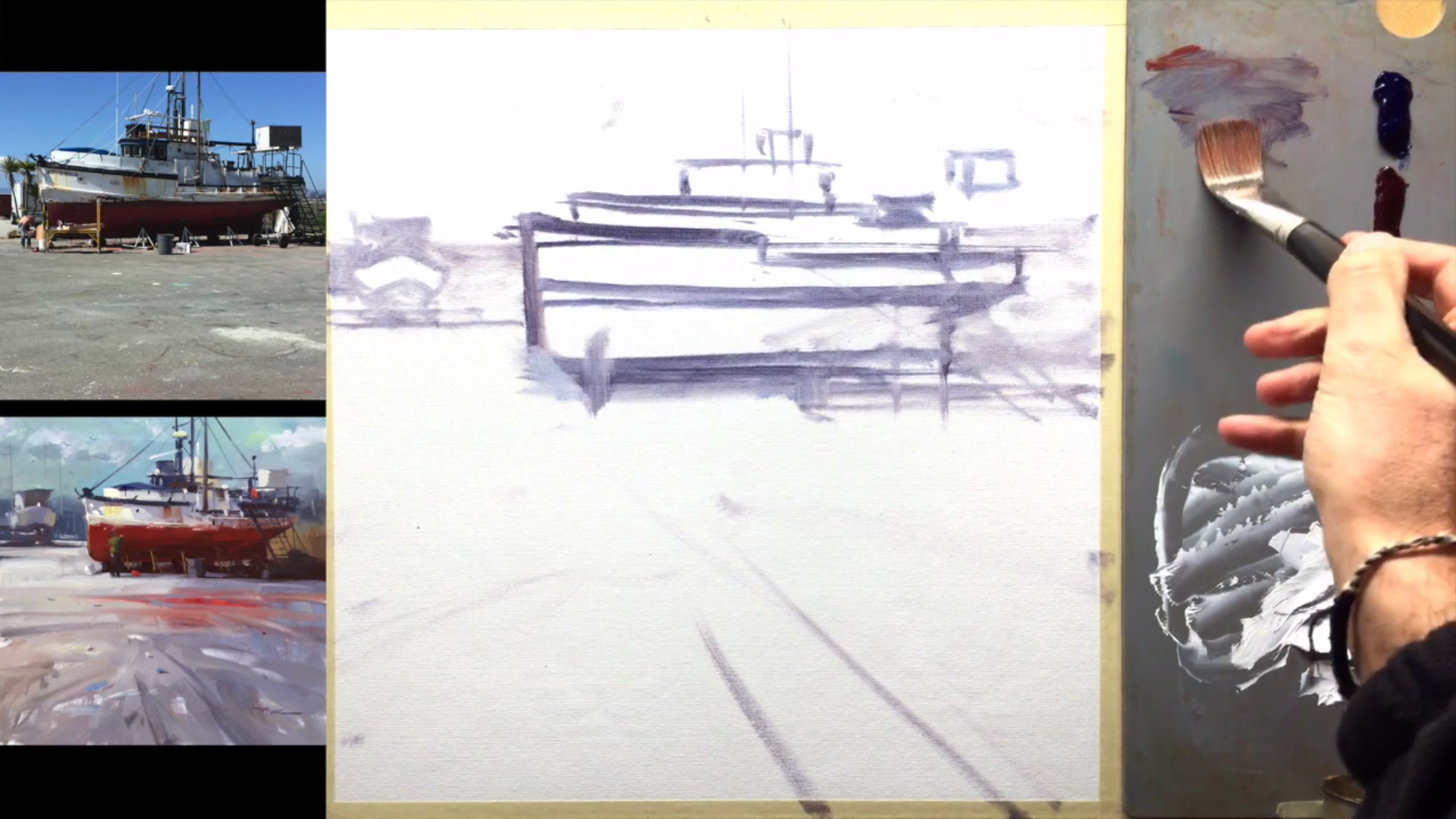 Step 3 — Painting the Dark Hull (video frame from the lesson)