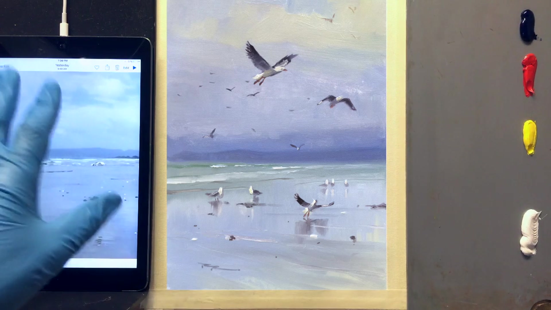 Step 1 — Painting distant seagulls and reflections (video frame from the lesson)