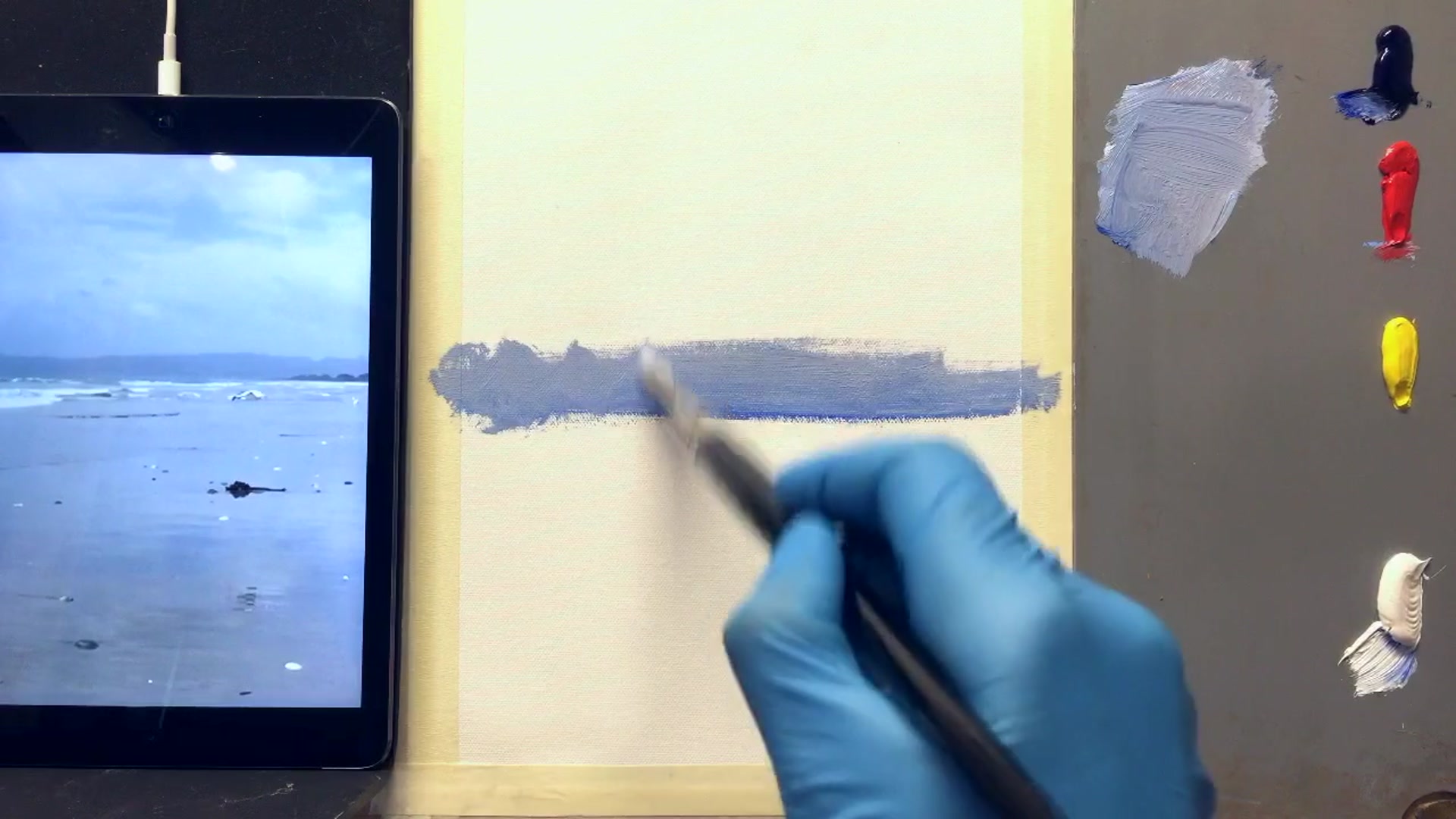 Step 2 — Blocking in the background (video frame from the lesson)