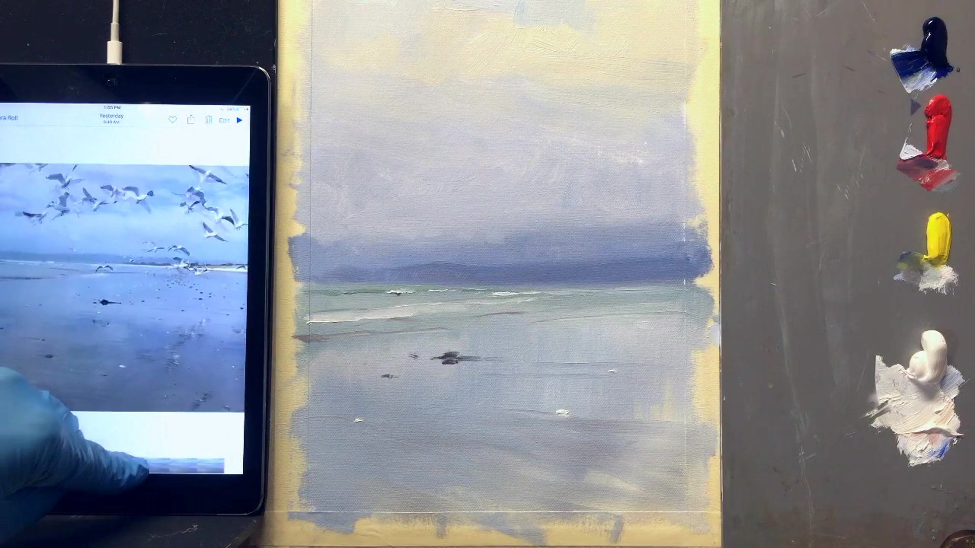 Step 4 — Painting seagulls in the distance (video frame from the lesson)