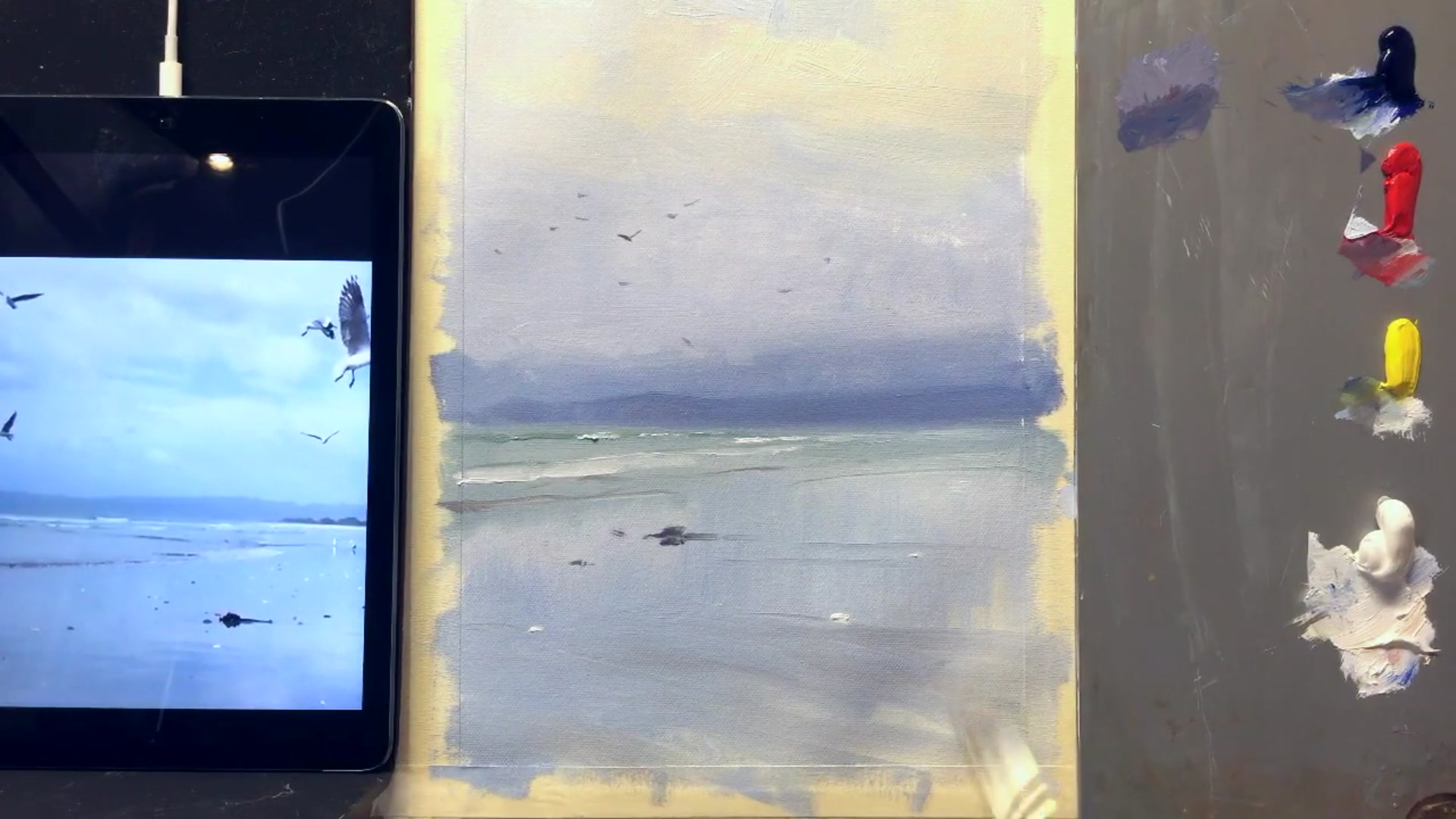 Step 5 — Seagull shapes and placement (video frame from the lesson)