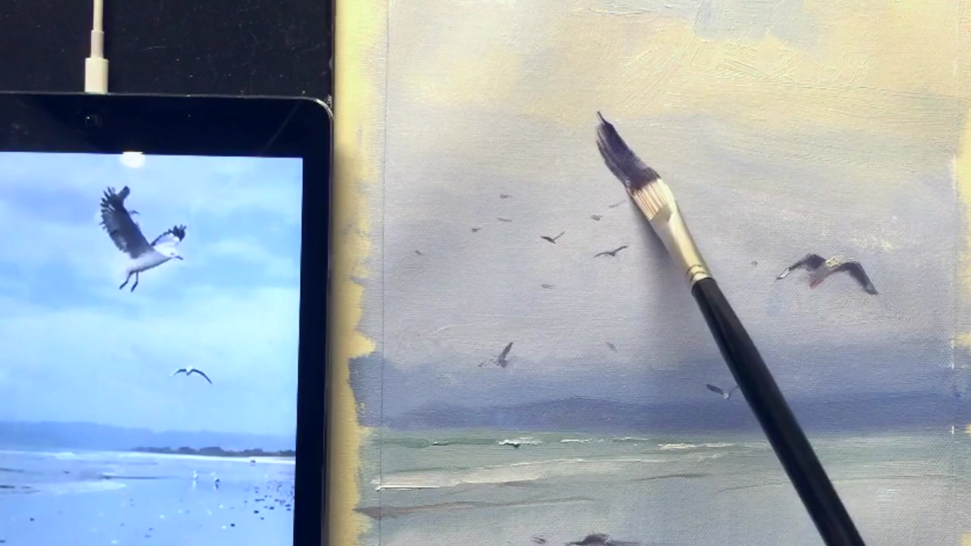 Step 8 — Painting seagulls standing on the beach (video frame from the lesson)