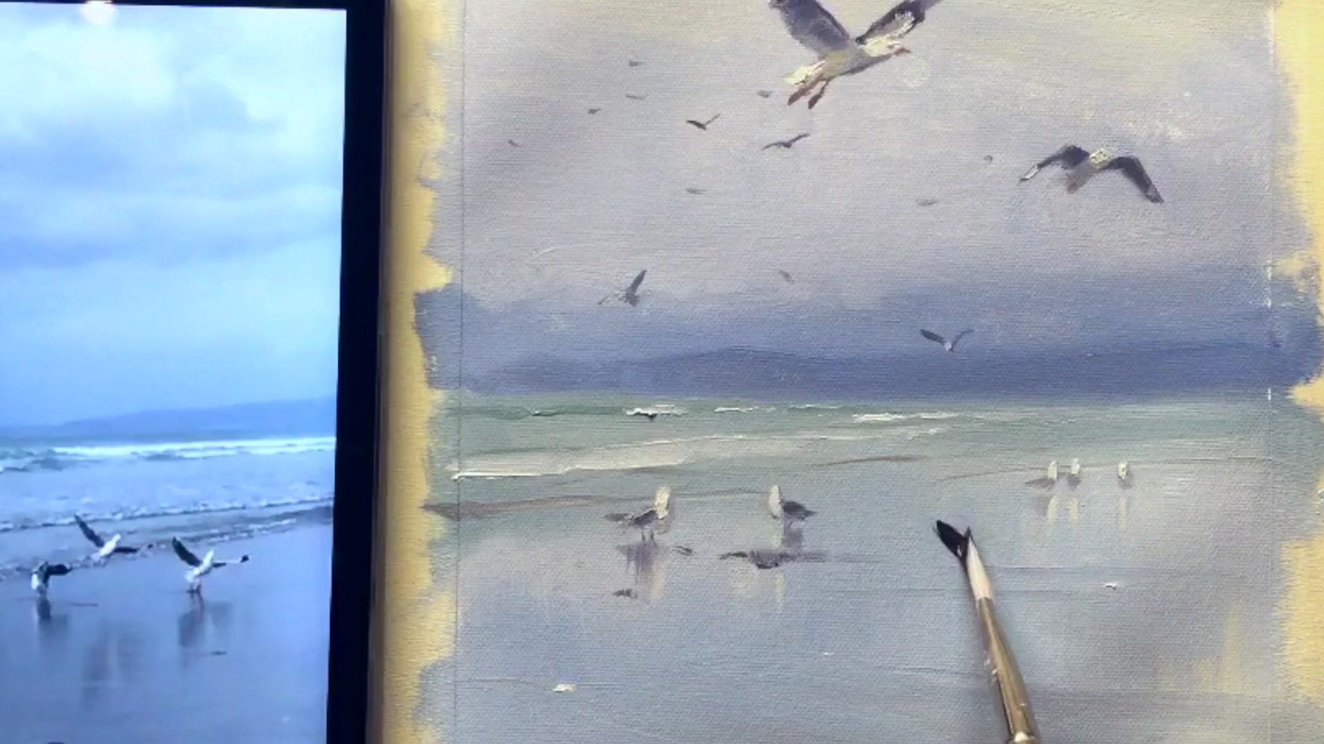 Step 10 — Foreground seagull and reflections (video frame from the lesson)