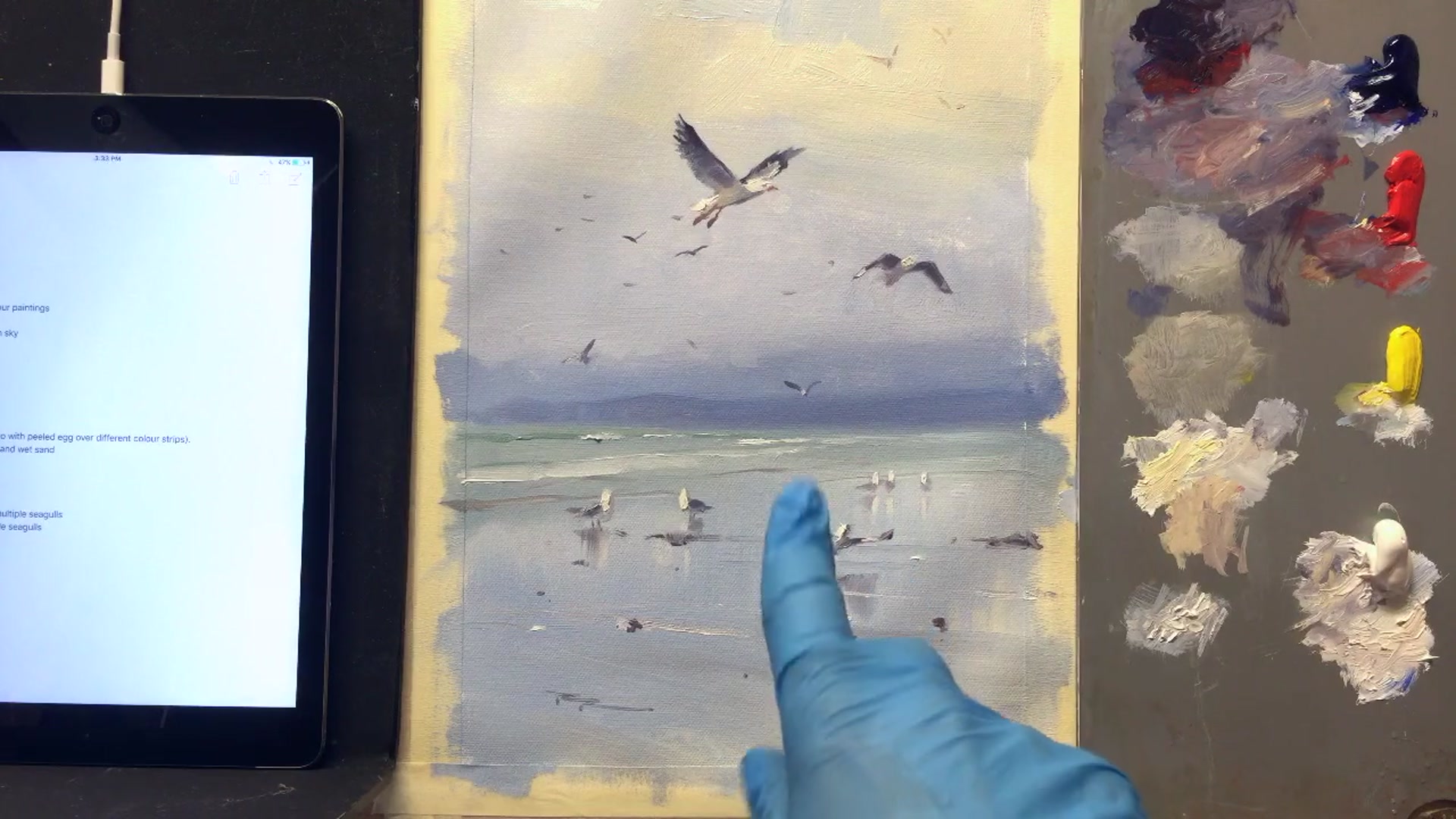 Step 12 — Reflected light on seagulls (video frame from the lesson)