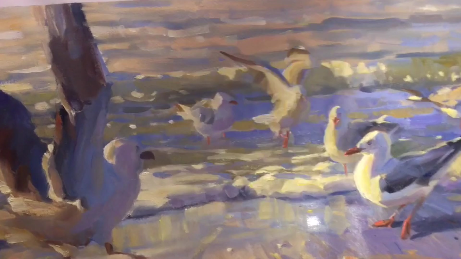Step 13 — Examples of seagull paintings (video frame from the lesson)