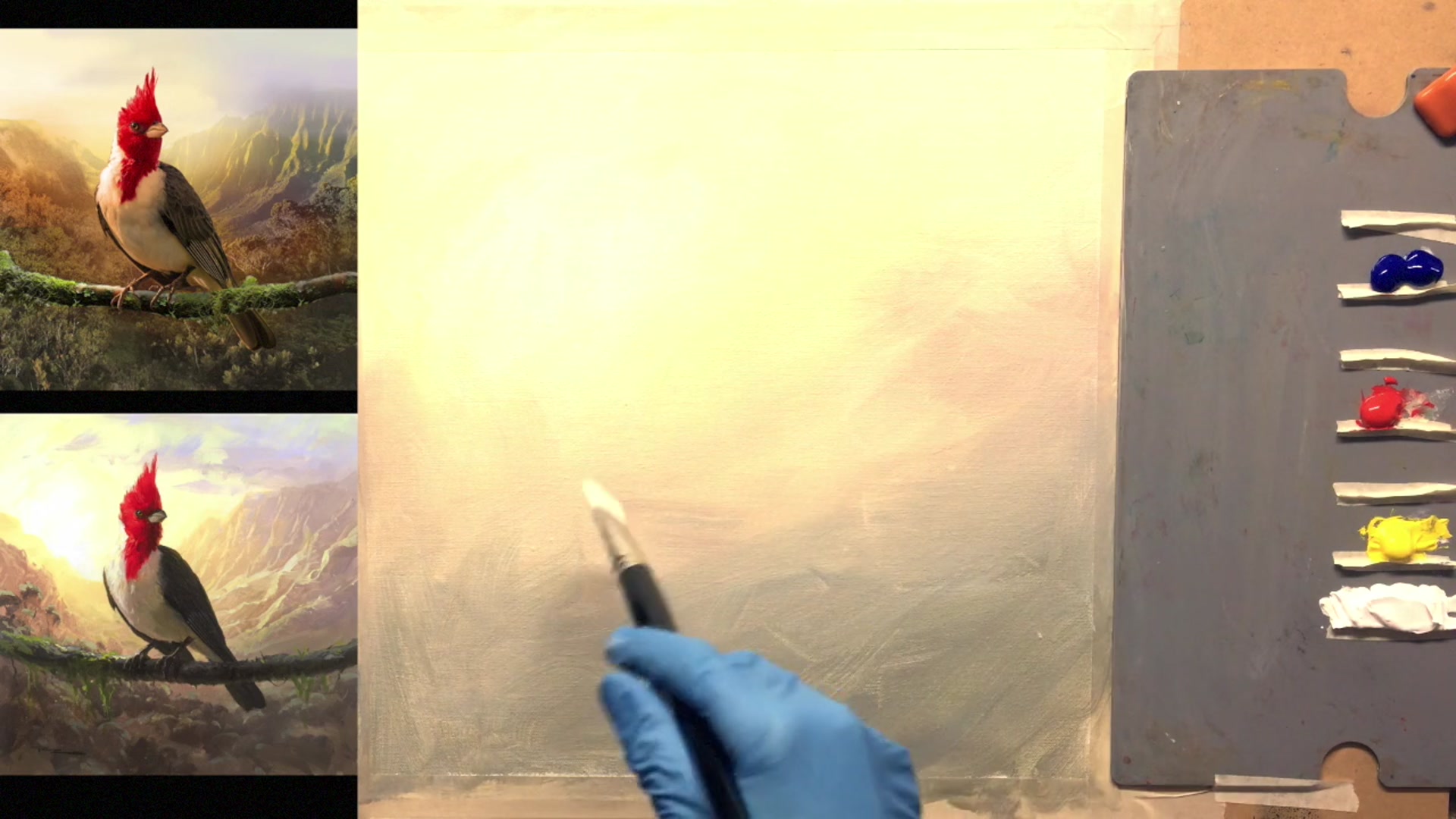 Step 4 — Painting the landscape background (video frame from the lesson)