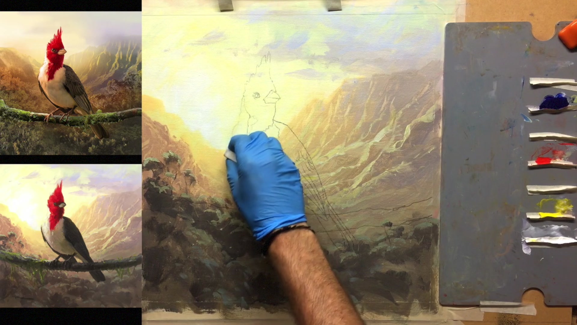 Step 9 — Painting the bird's head and beak (video frame from the lesson)