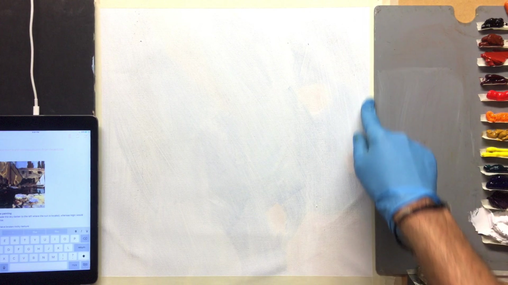 Step 1 — Canvas preparation and Sargent's technique (video frame from the lesson)