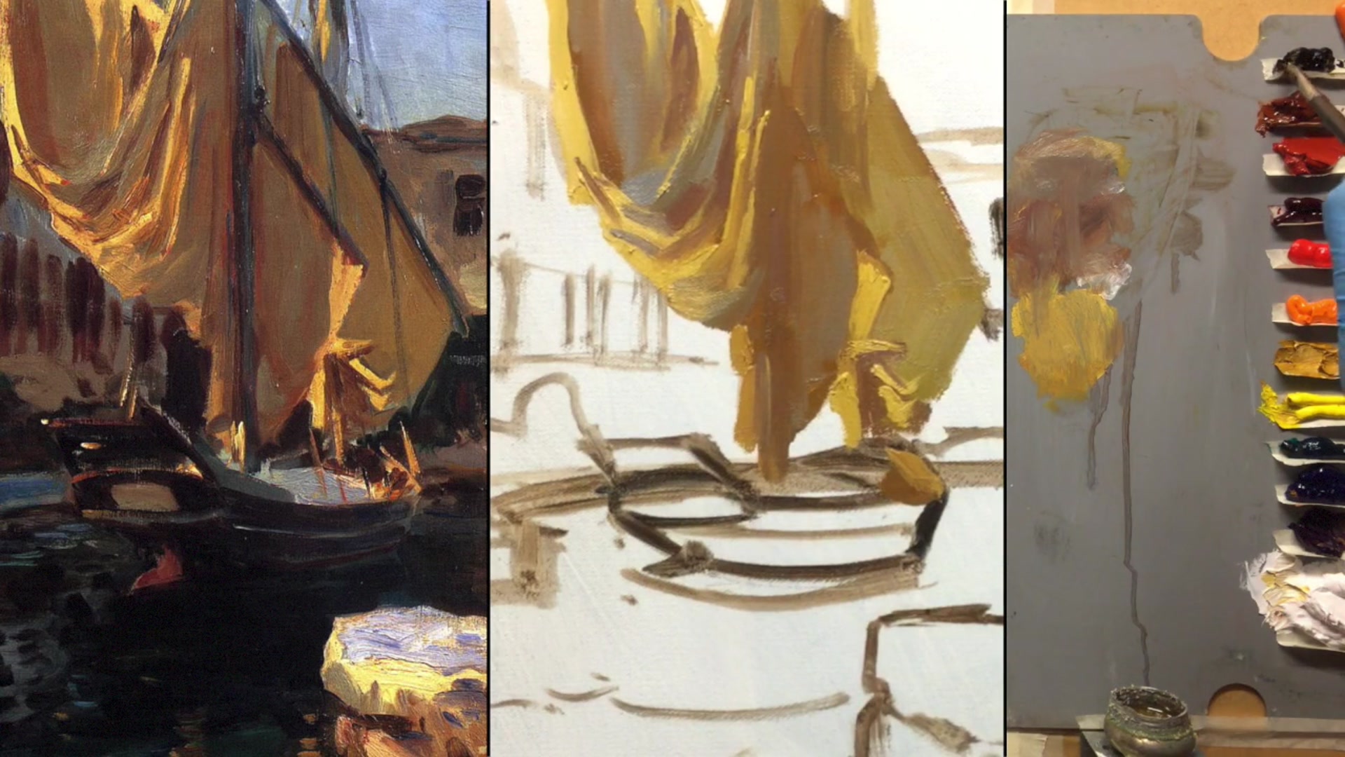 Step 14 — Painting the mast and brushwork details (video frame from the lesson)