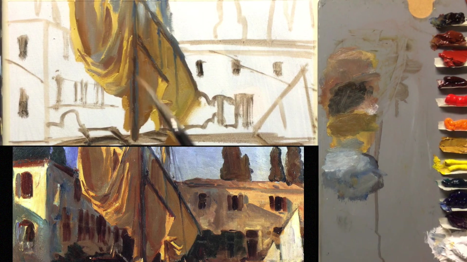 Step 16 — Painting the background buildings (video frame from the lesson)