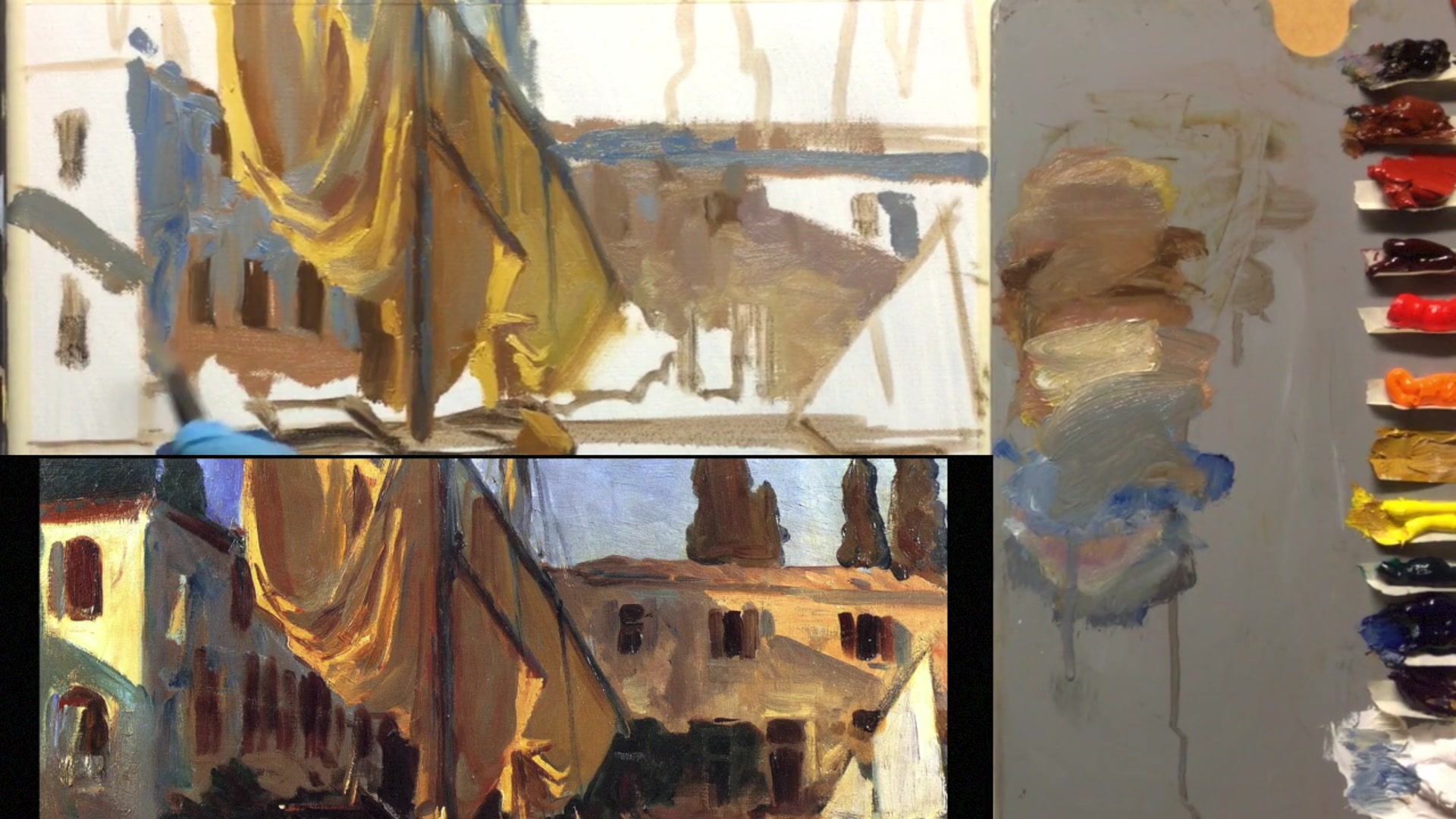 Step 18 — Painting trees and sky (video frame from the lesson)