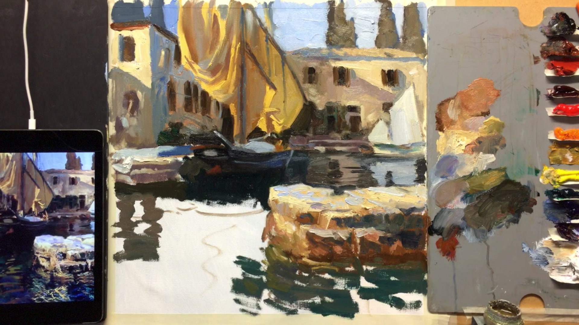 Step 24 — Painting water reflections (video frame from the lesson)