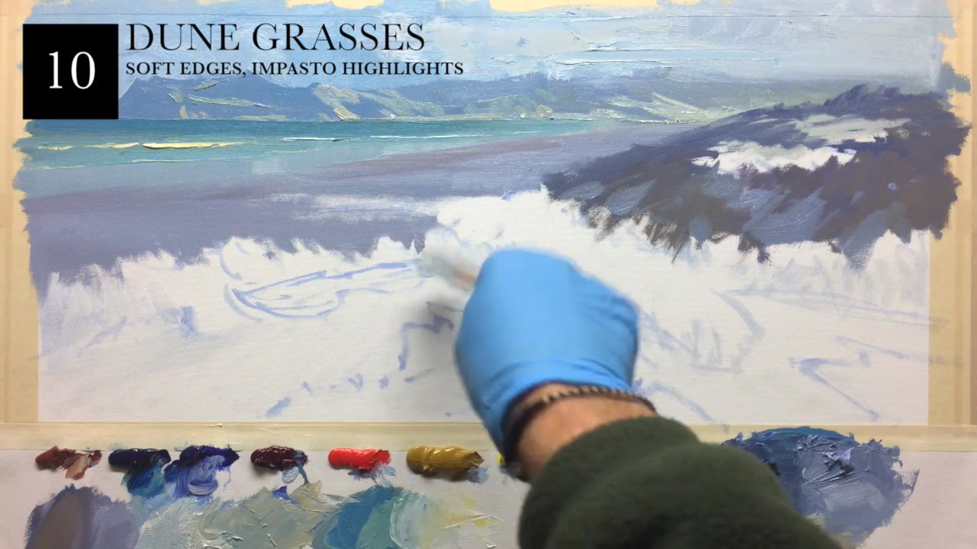 Step 14 — Blocking in Dune Grasses (video frame from the lesson)