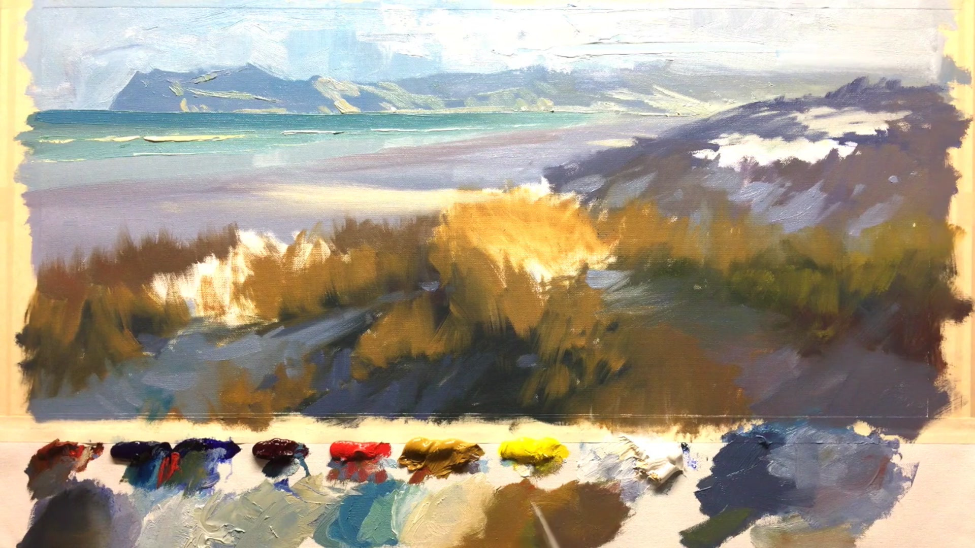 Step 16 — Adding Detail to Distant Hills (video frame from the lesson)