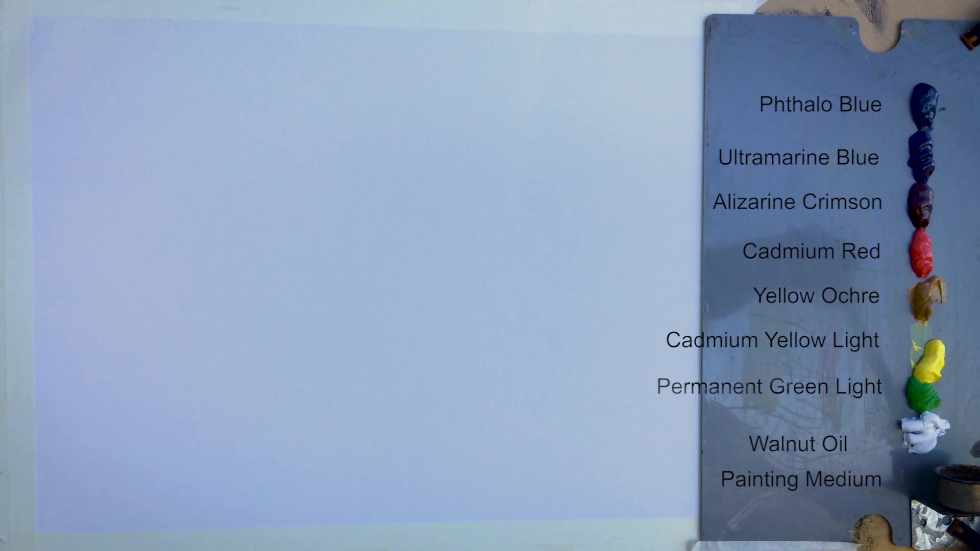 Step 2 — Palette and mediums (video frame from the lesson)