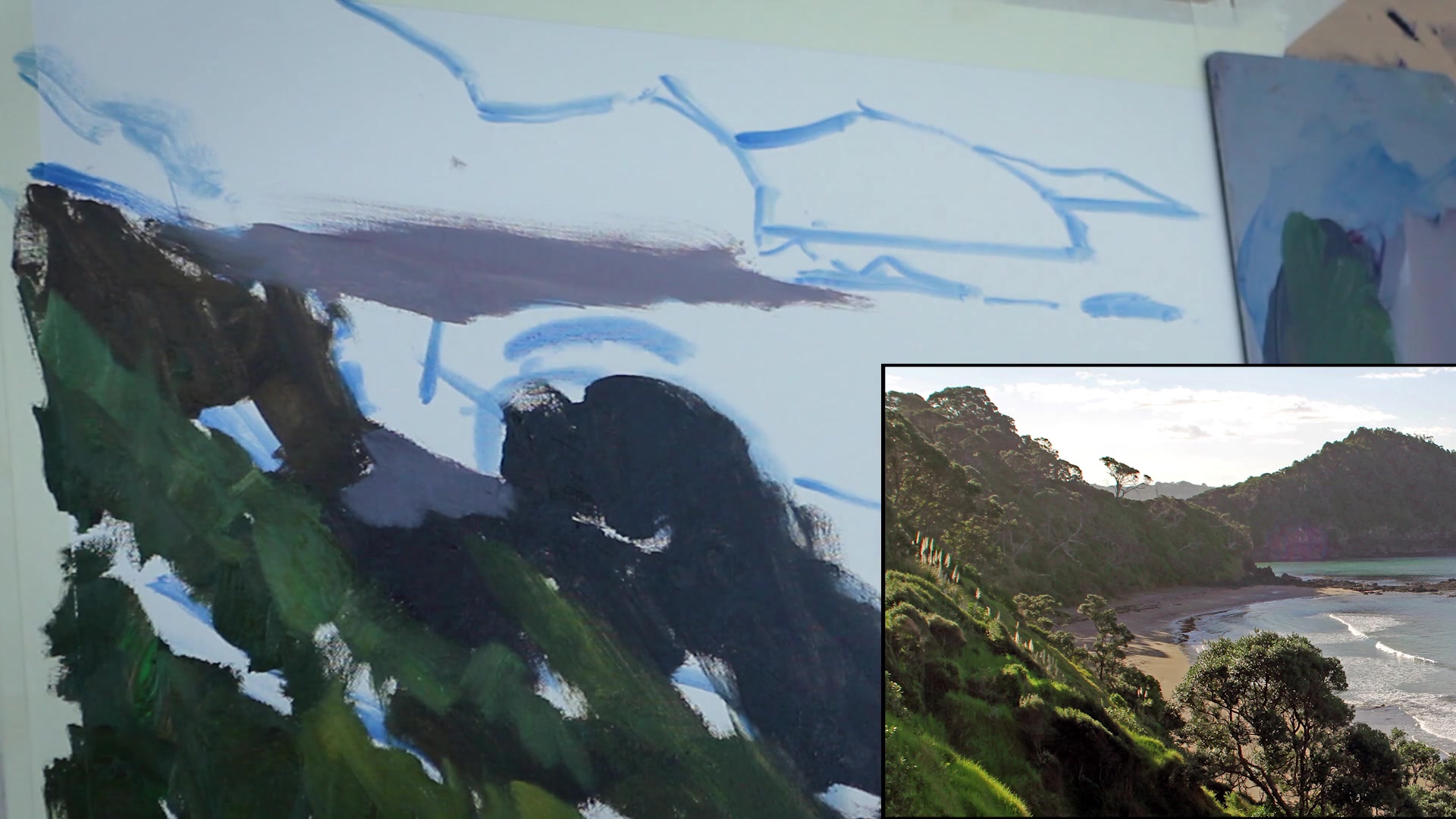 Step 6 — Painting the hill and background (video frame from the lesson)