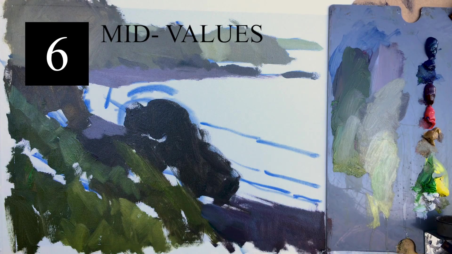 Step 8 — Painting the water (video frame from the lesson)