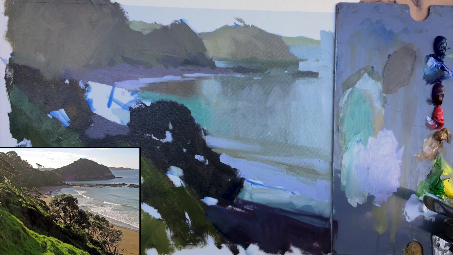 Step 10 — Painting the sky and beach (video frame from the lesson)