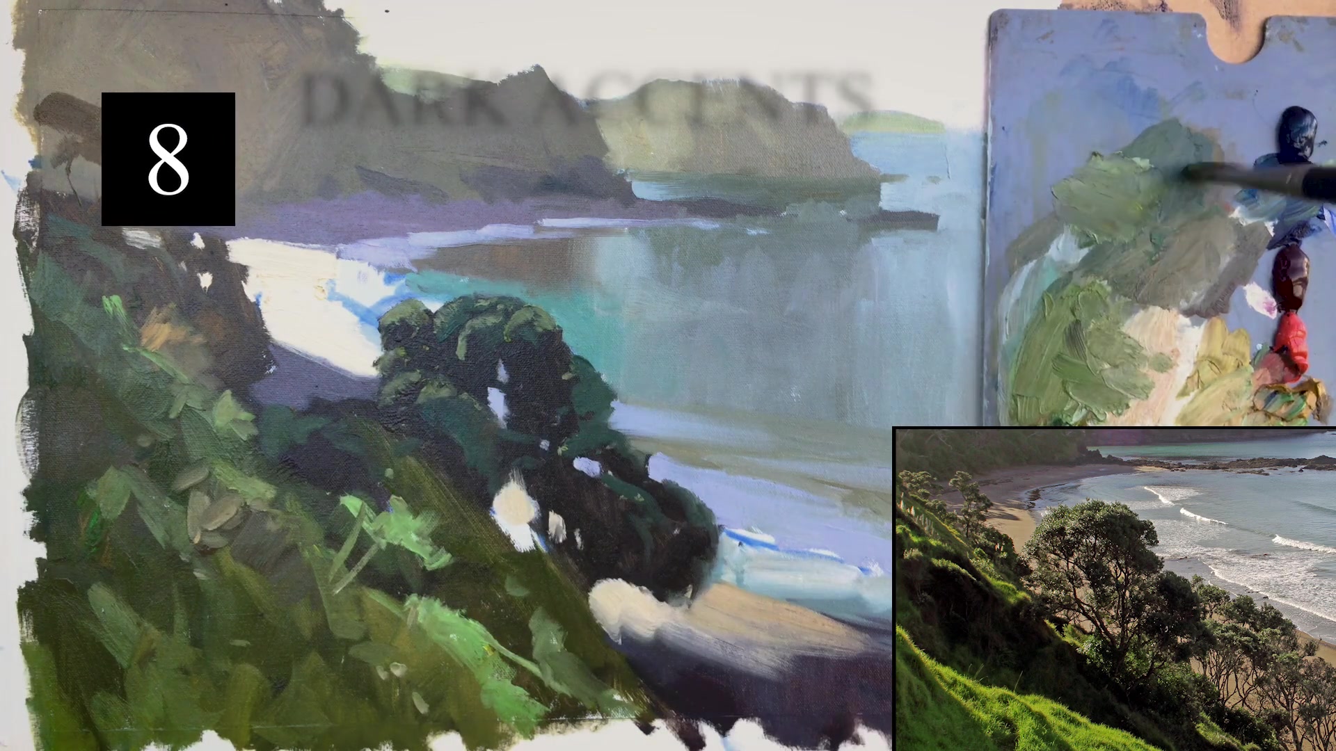 Step 12 — Final touches on water and foam (video frame from the lesson)