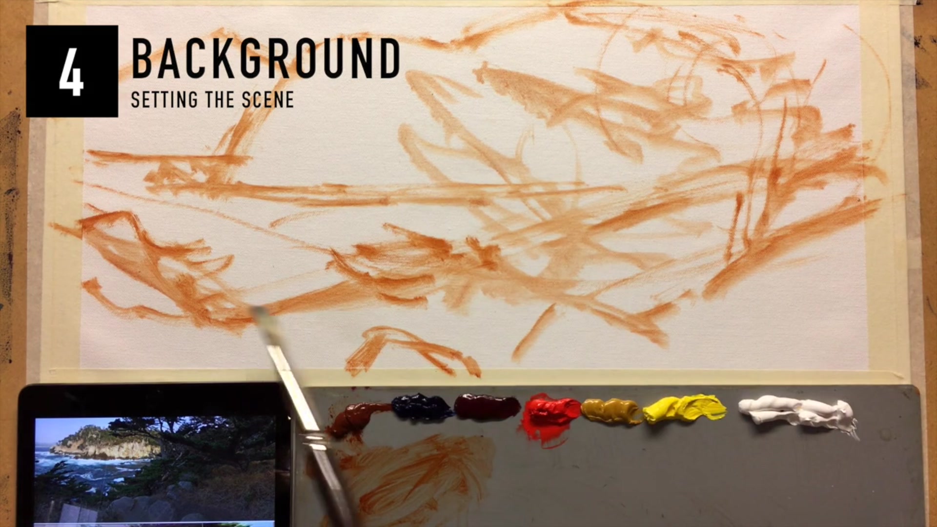 Step 2 — Painting the Background (video frame from the lesson)