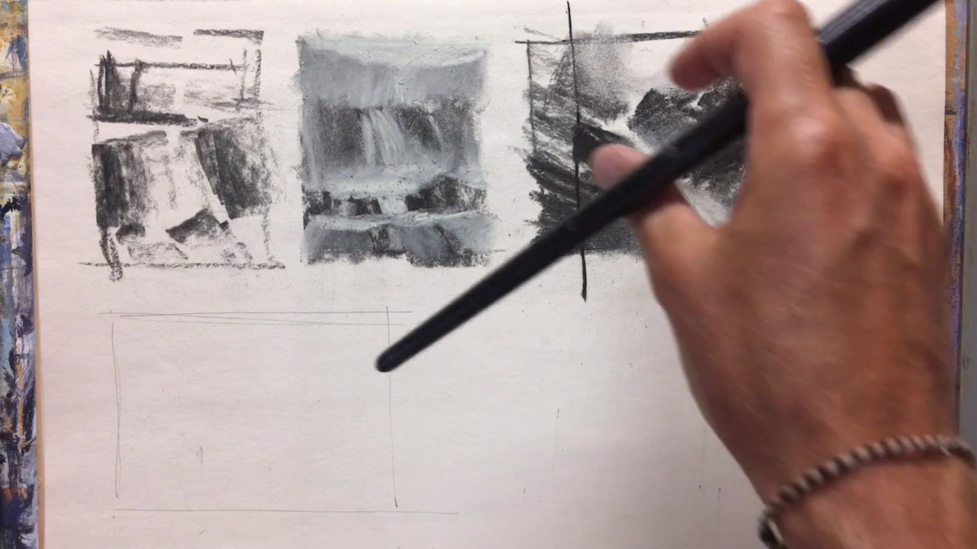 Step 5 — Charcoal and Paint Design (video frame from the lesson)